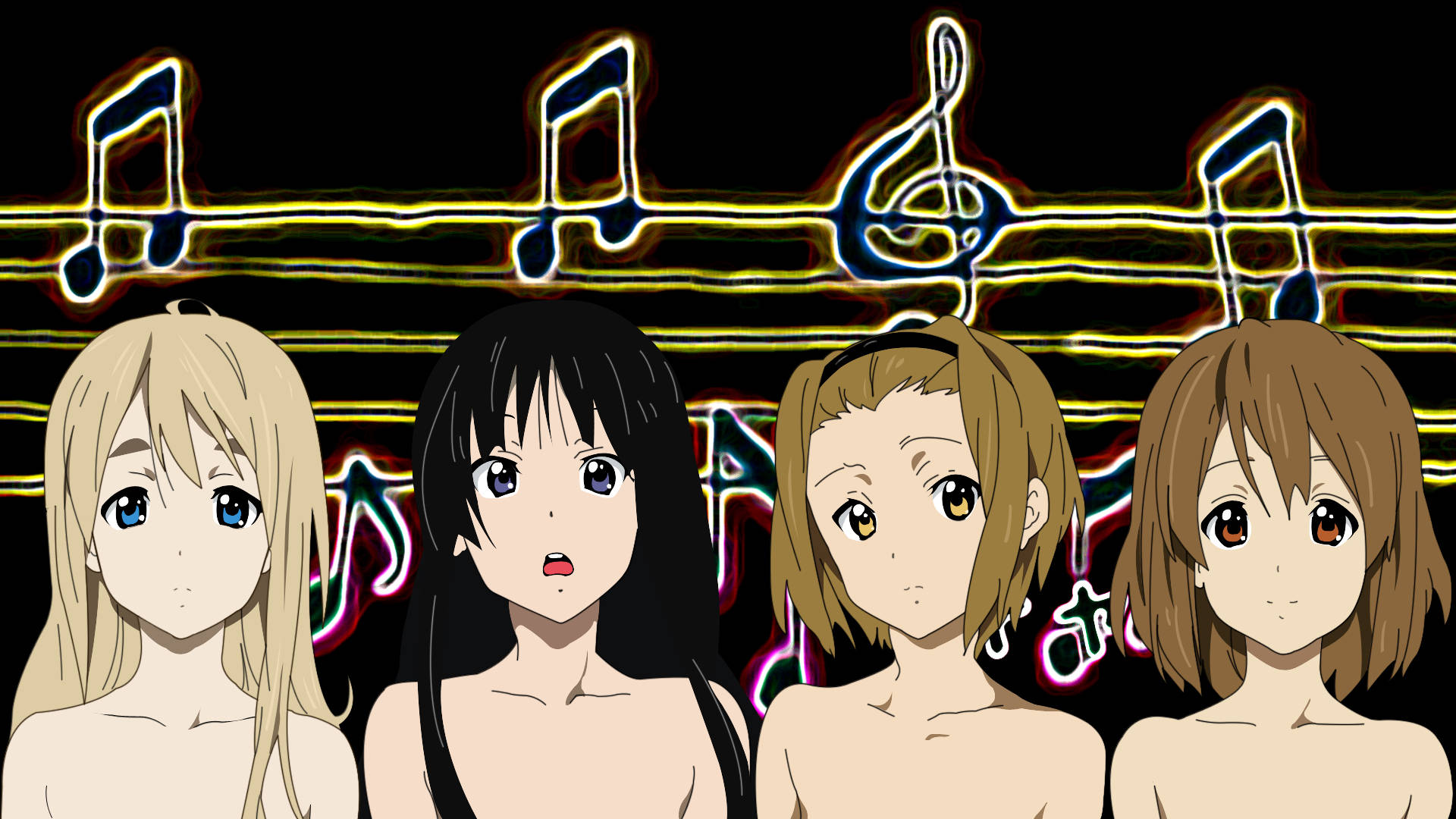 K-on 女孩與音樂符號 壁紙 — 四個動漫女孩站在發光的霓虹音樂符號和五線譜前，背景為深色。