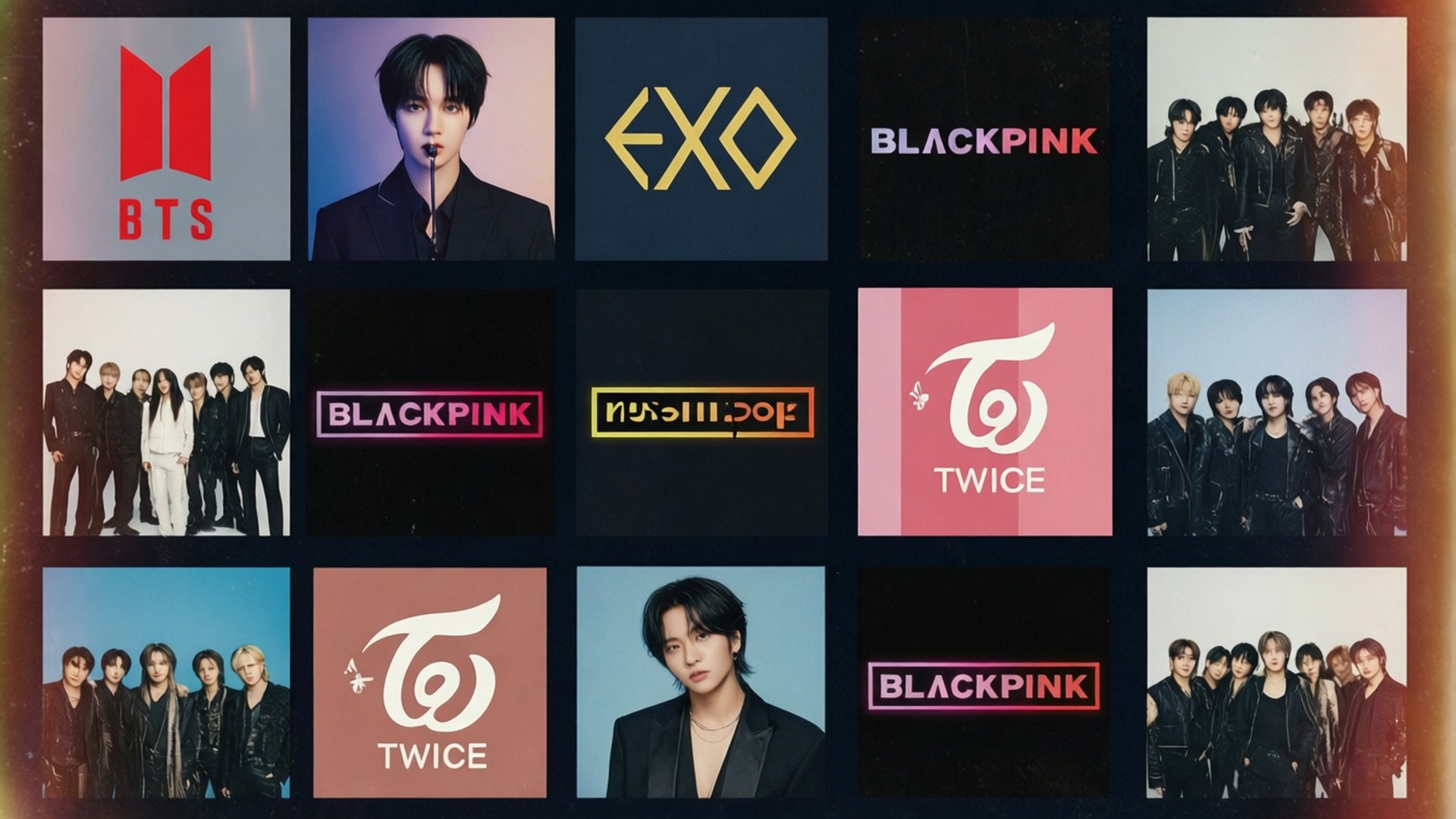 K-pop專輯封面拼貼 壁紙 — K-pop 團體標誌和成員肖像網格，包括 BTS EXO BLACKPINK TWICE，色彩大膽，姿勢時尚。