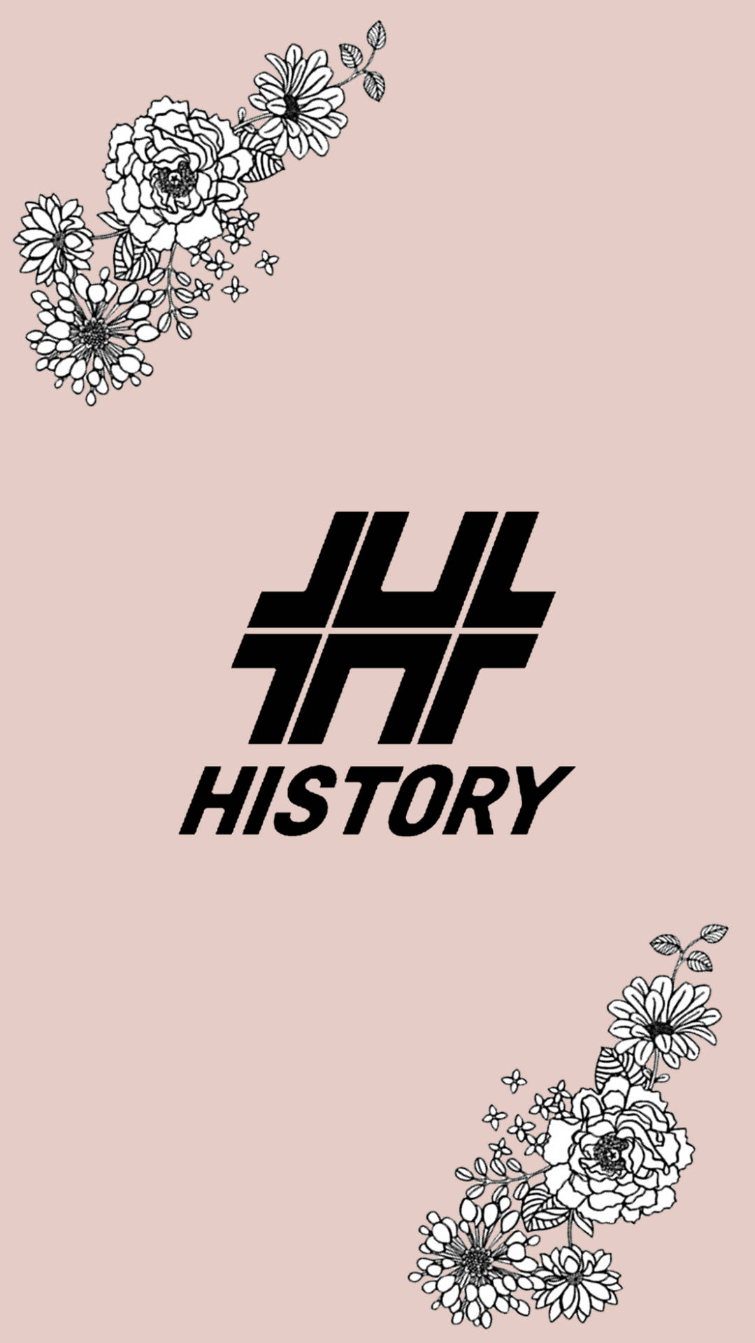 K-pop 美學歷史壁紙 壁紙 — 簡約風格牆紙，黑色花卉線條藝術角落框住大膽的「JUL HISTORY」標誌，背景為柔和粉紅色。
