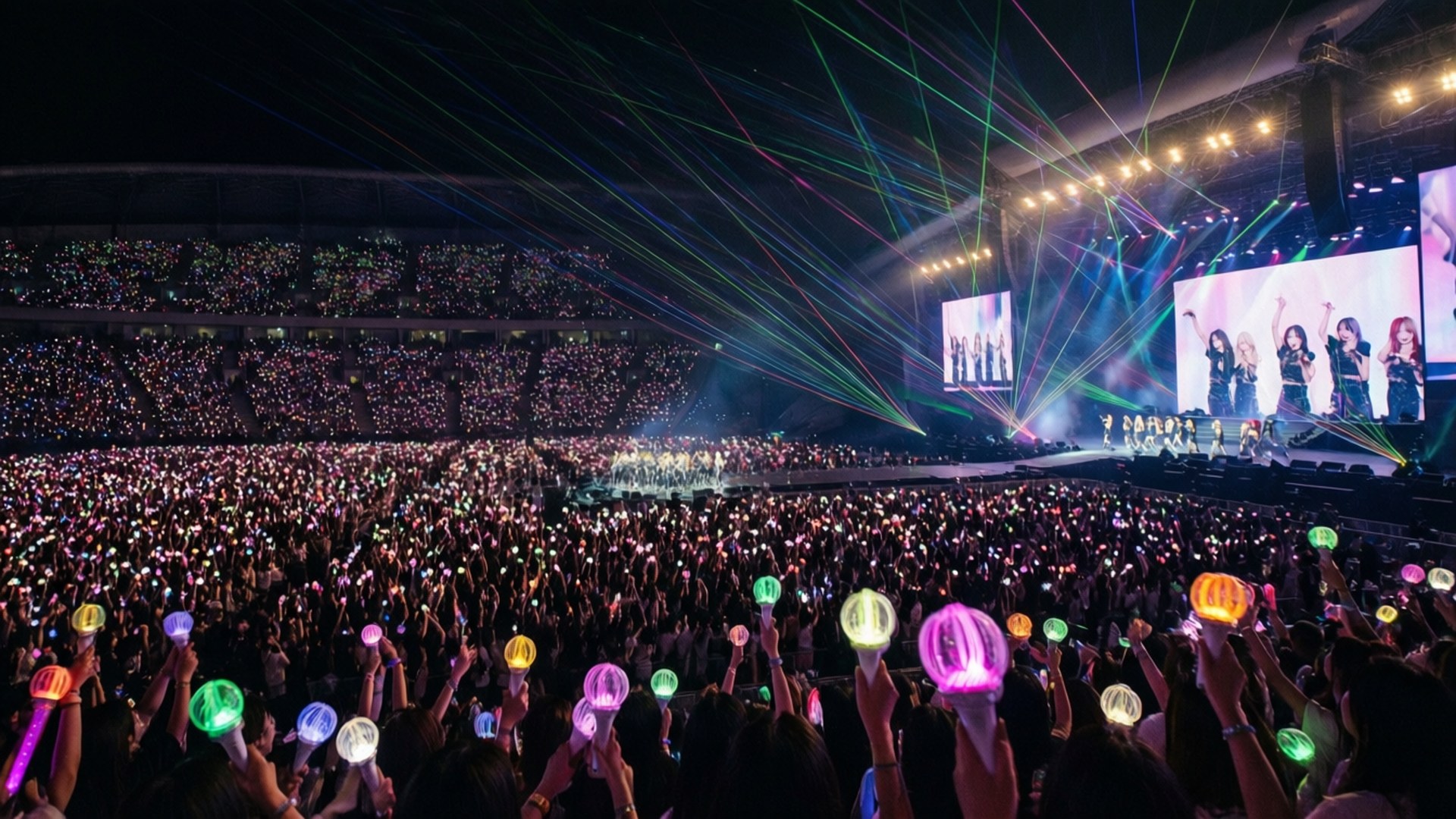 K-pop演唱會燈棒海洋 壁紙 — 大量演唱會人群在夜間照亮擠滿的體育館的充滿活力的激光束下揮舞著發光的螢光棒。