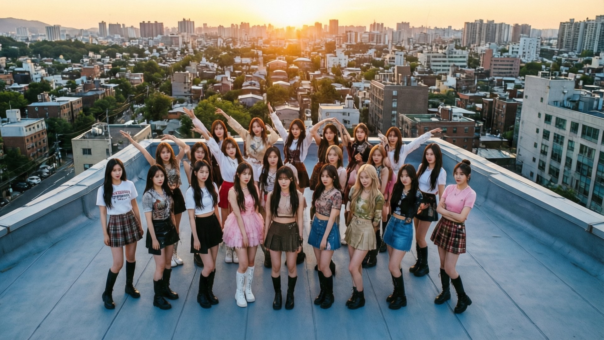 Momoland 桌布 壁紙 — 一個K-pop女團在日落時分自信地於天台擺姿勢，背後是廣闊的城市景觀。
