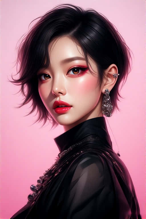 短黑髮紅唇女性，身穿黑色服裝和耳環，背景為粉紅色