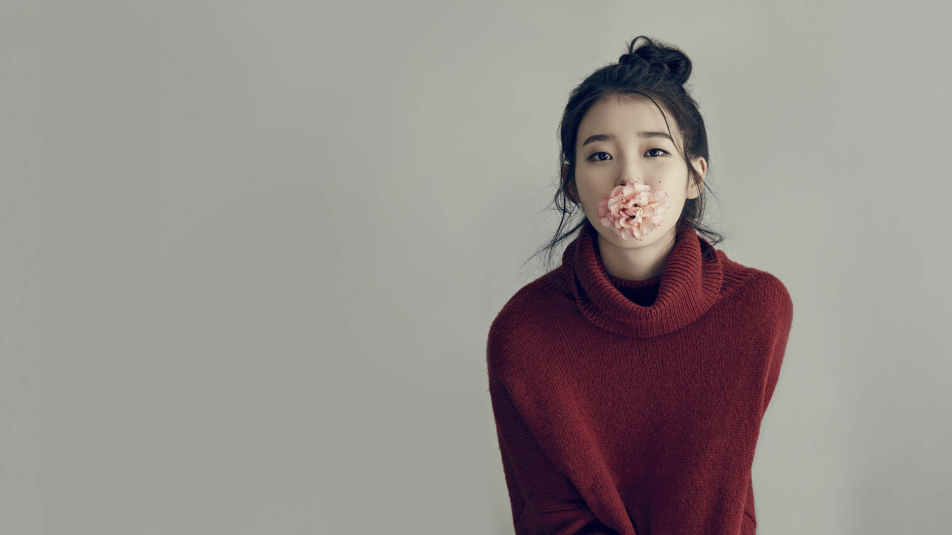 K-Pop IU 花朵PC壁紙 壁紙 — 一位身穿紅色高領毛衣的年輕女性，在純灰色背景前，將一朵粉紅色的花放在嘴邊。