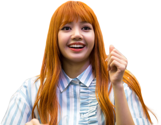 橙髮K-pop藝人開心微笑 壁紙 — 一位充滿活力的年輕女性，擁有亮麗的橙色頭髮，穿著藍白條紋襯衫，露出燦爛的笑容。