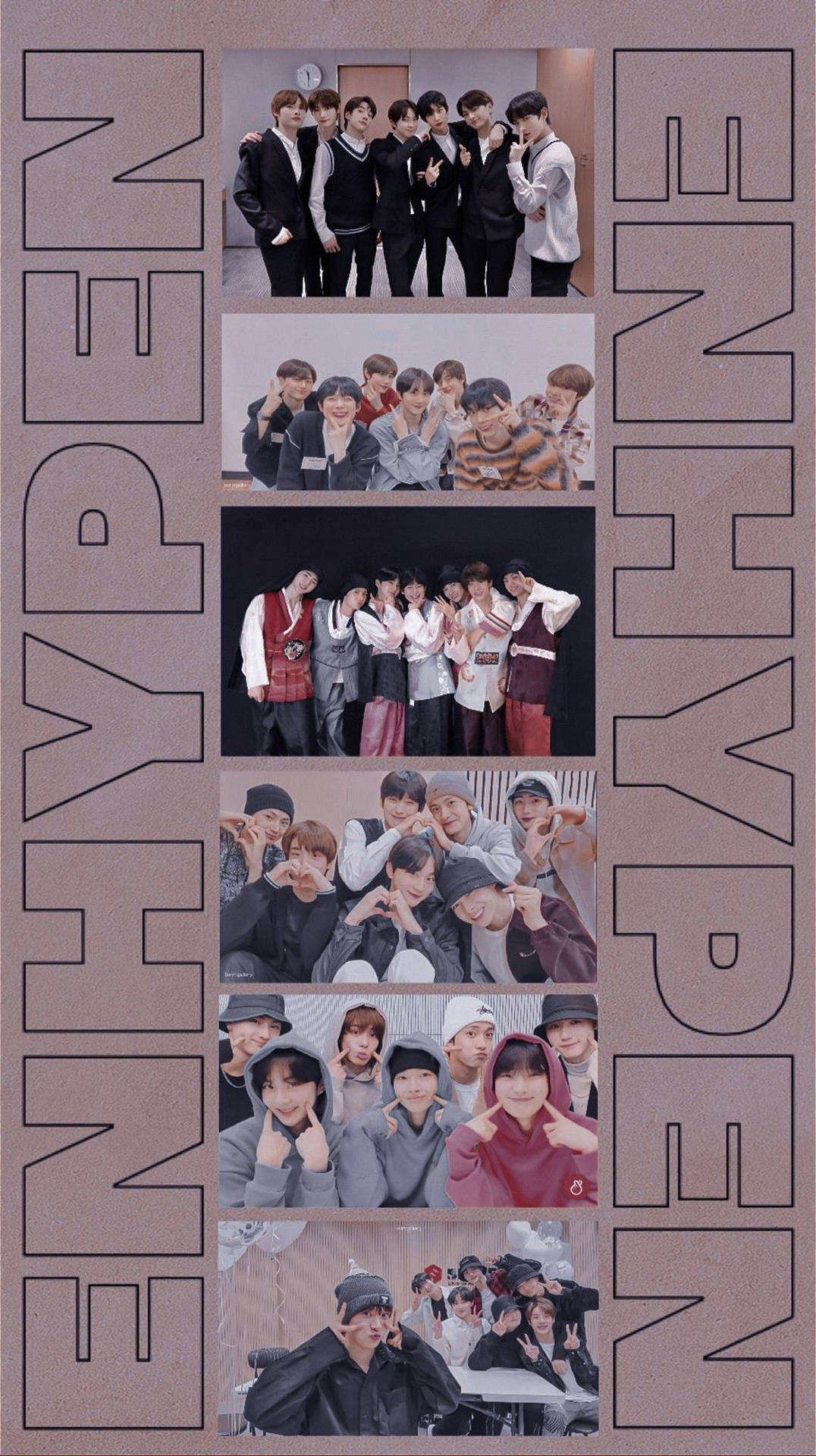 K-pop 組合 ENHYPEN 在攝影棚內擺姿勢的垂直拼貼，側面附有組合名稱文字。