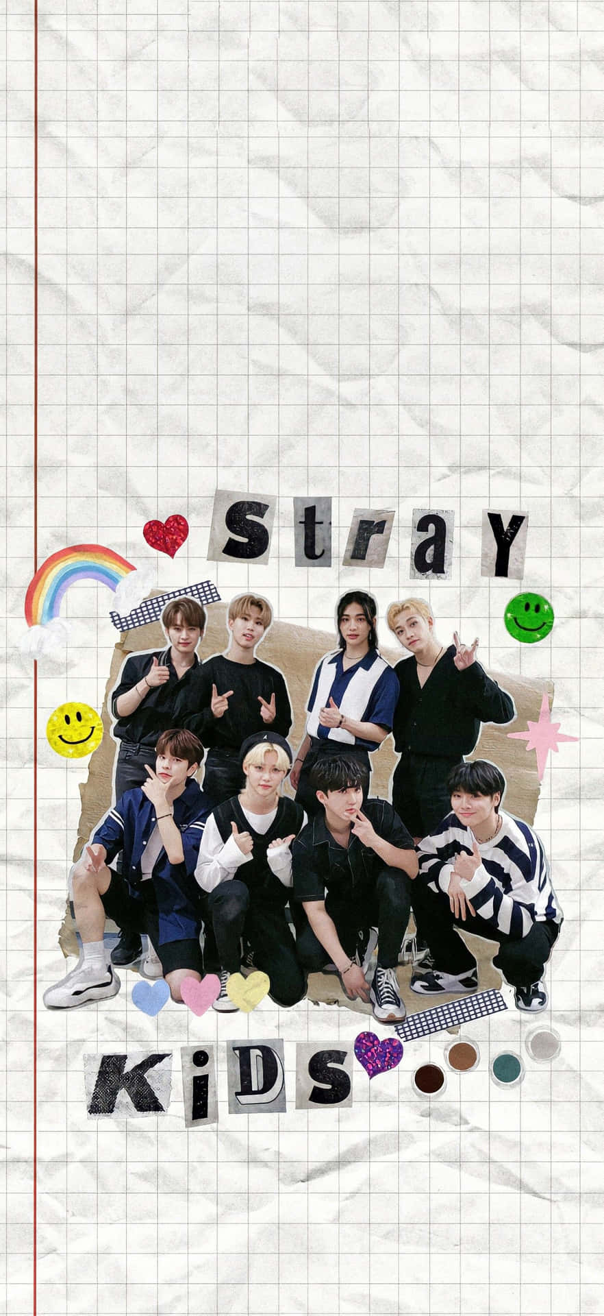 Stray Kids K-pop 組合在方格紙上與笑臉和彩虹的合照。 — Stray kids GIF 壁紙