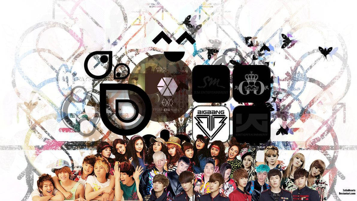 K-pop偶像和標誌，配以蝴蝶和抽象漩渦。