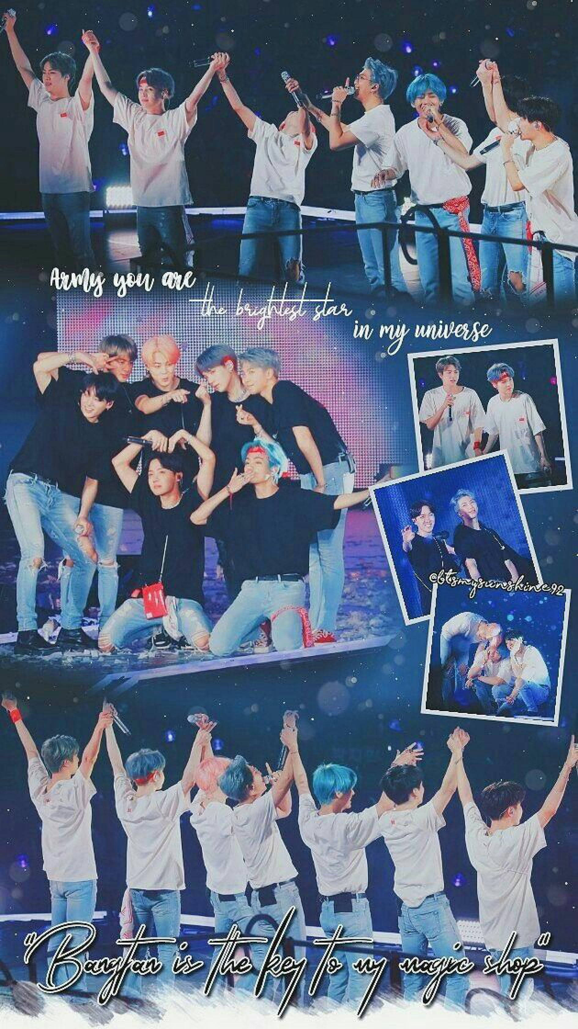 手機 桌布 壁紙 — K-pop 組合 BTS 在舞台上充滿活力地表演，背景有粉絲，周圍環繞著發光的燈光和星光效果。