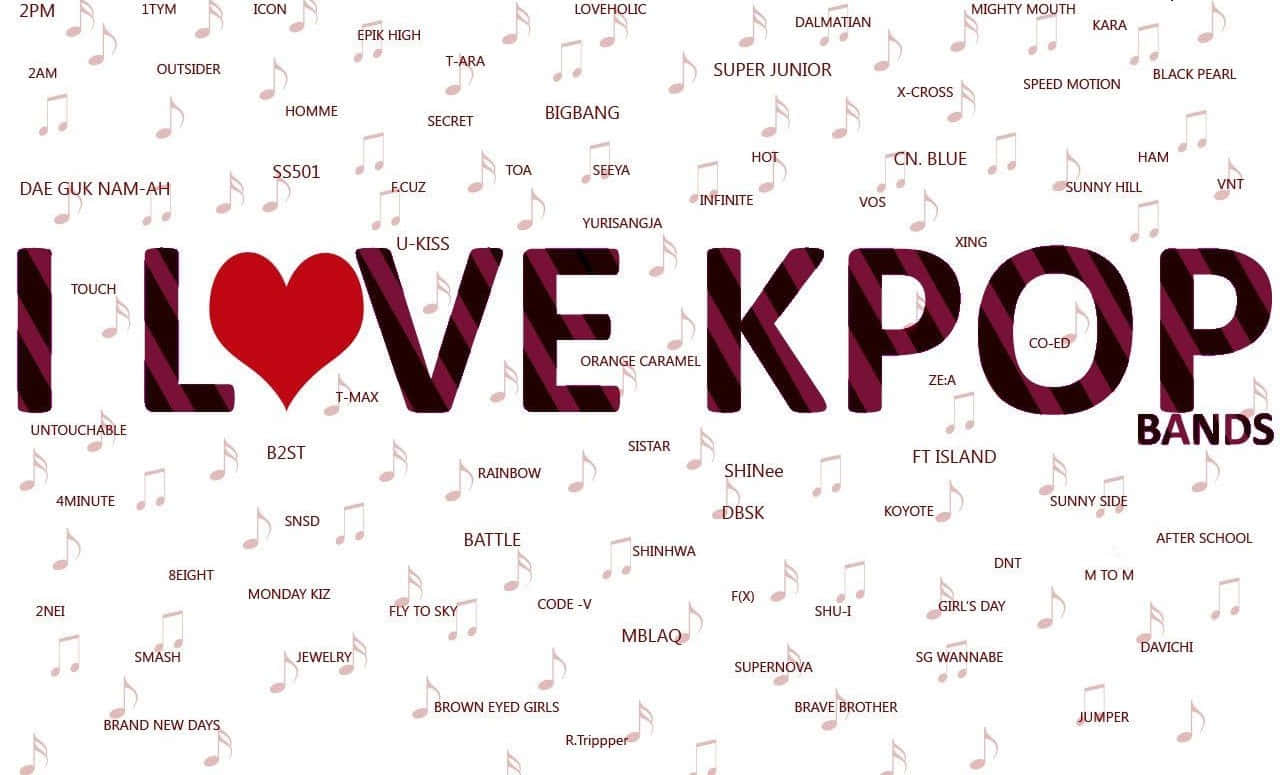 K-pop 組合舞台演出 壁紙 — 大膽的紅色心形和黑色文字在白色背景上宣告「I LOVE KPOP」，周圍散落著K-pop樂隊名稱和音符。
