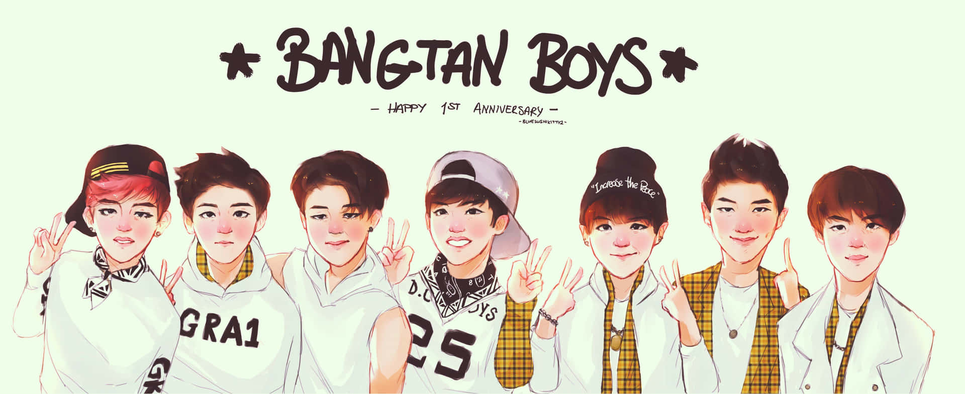 K-Pop：音樂與熱情的交會 壁紙 — 七位以插圖繪製的K-pop偶像穿著休閒服裝，在淺綠色背景前愉快地擺姿勢，並帶有慶祝文字。