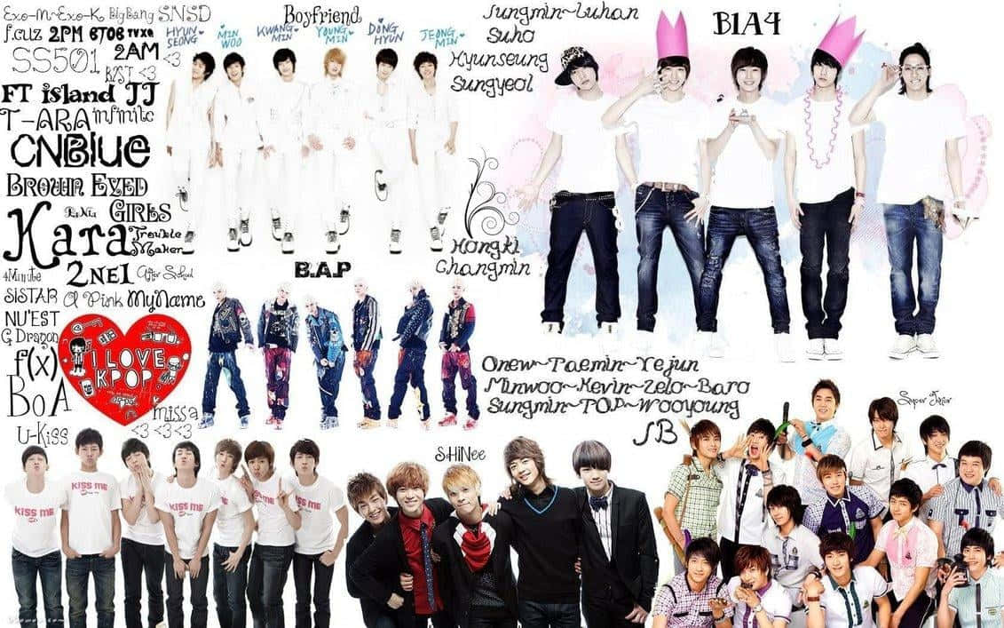 K-pop巨星舞台魅力全開 壁紙 — 一個充滿活力的拼貼畫，展示韓國偶像團體穿著休閒服裝擺姿勢，名字和標誌散落在白色背景上。