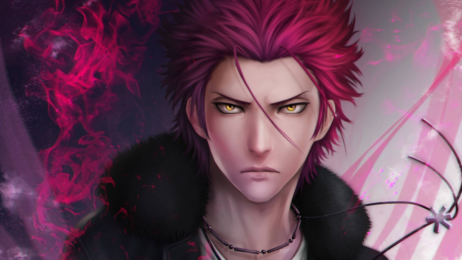 《K Project》角色宮田紘人 壁紙 — 一個兇猛的動漫男性，擁有尖刺的洋紅色頭髮和發光的黃色眼睛，在旋轉的粉紅色和深色背景下強烈凝視。