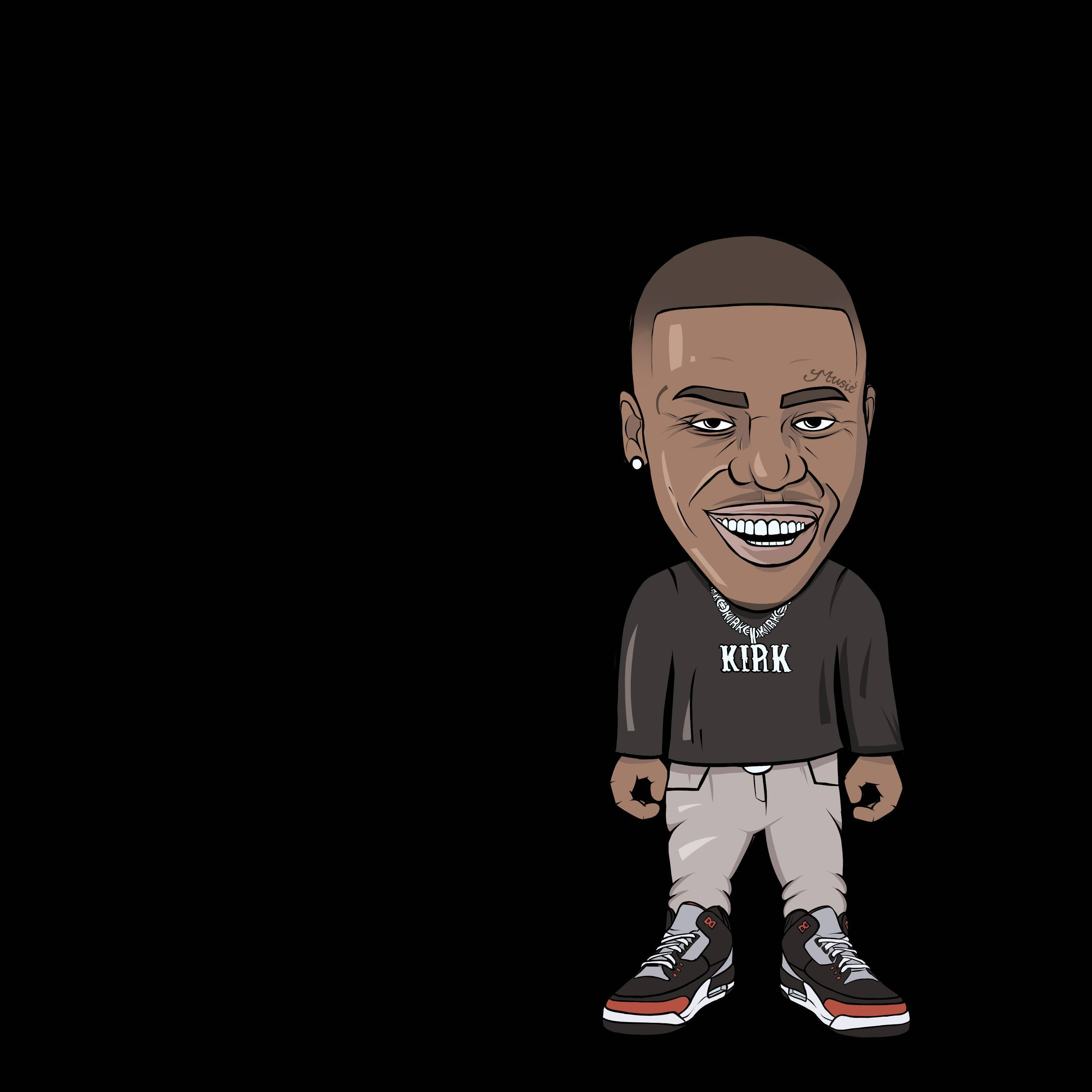 K!rk項鍊 DaBaby 手機 壁紙 — 一個微笑的男人穿著灰色 'KIRK' 襯衫和運動鞋，在黑色背景前的歡樂卡通漫畫。