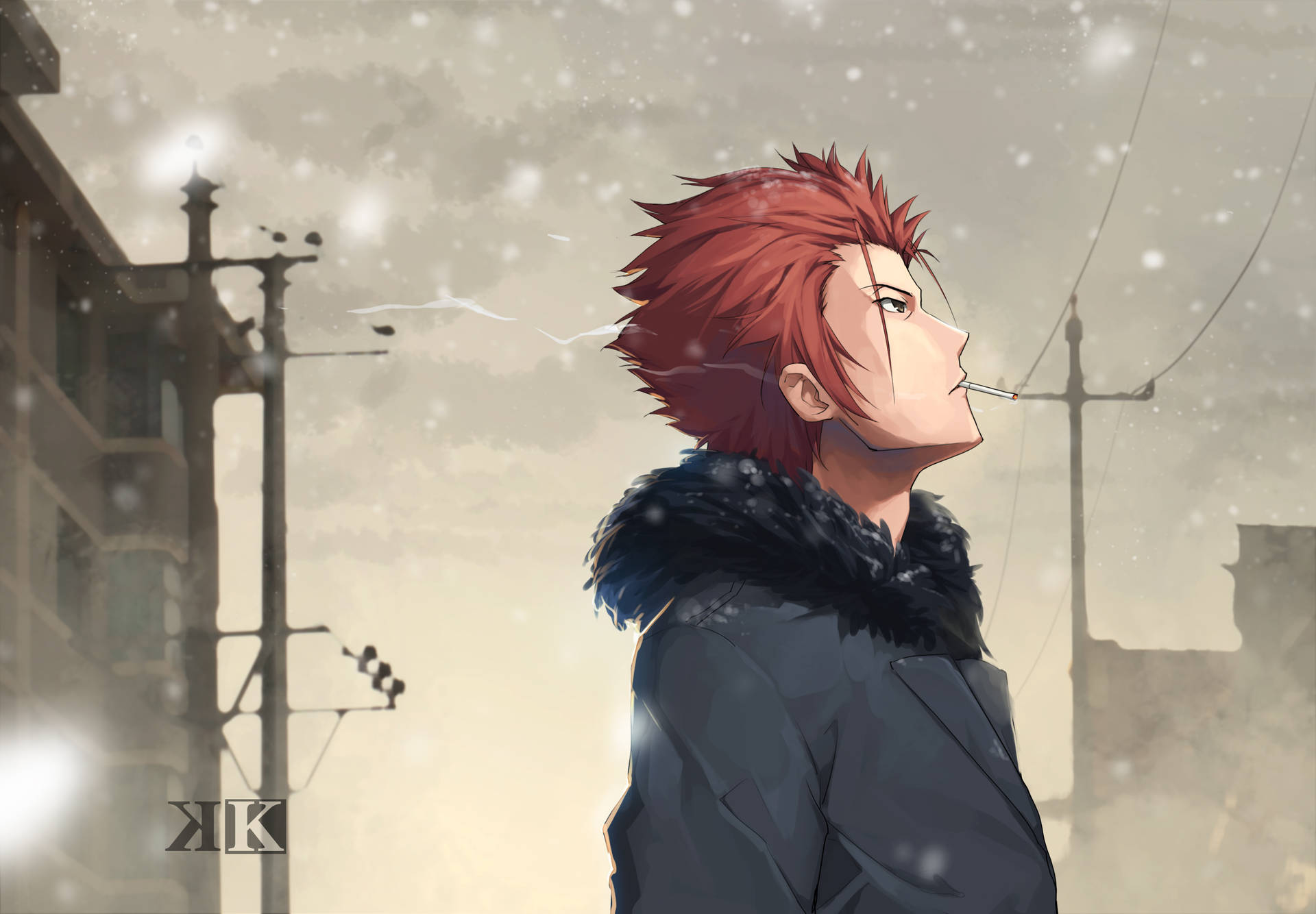 紅髮動漫角色在雪街抽煙。