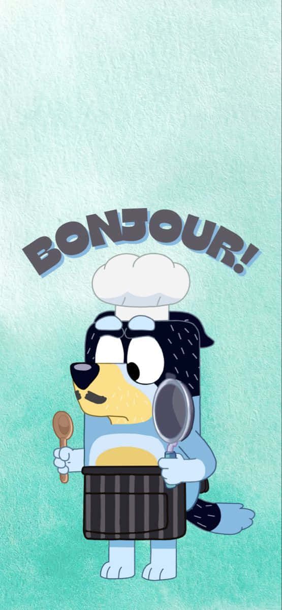  壁紙 — 卡通狗 Bluey 戴著廚師帽，拿著湯匙和鍋，在青綠色背景上有「BONJOUR!」文字。