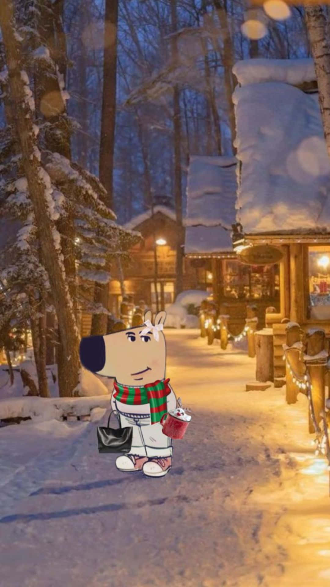  壁紙 — 一隻卡通駝鹿戴著紅色圍巾，在黃昏時分穿過一個被雪覆蓋的村莊，溫暖的燈籠光照亮著。
