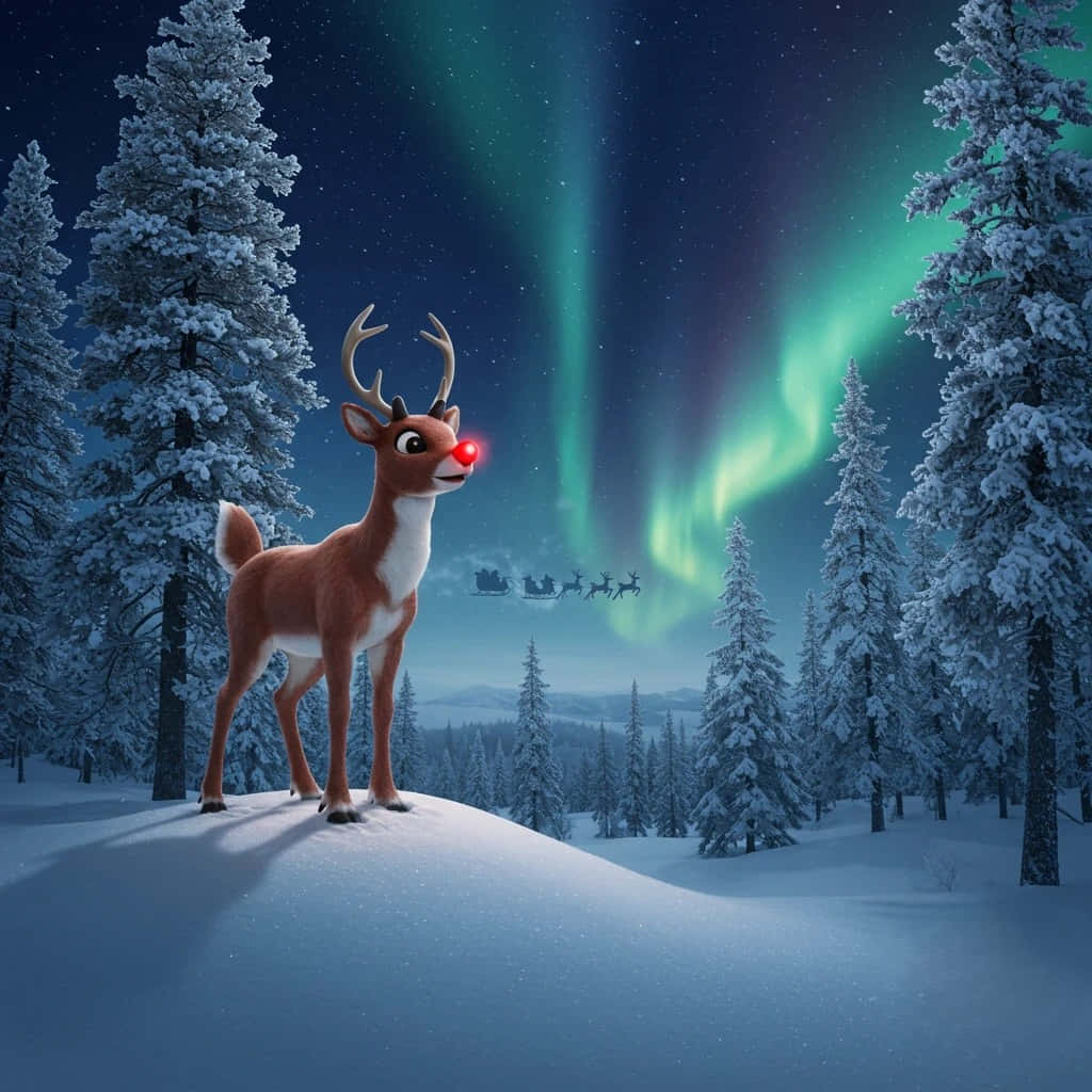  壁紙 — 一隻卡通馴鹿閃耀著紅鼻子，站在雪地森林中，頭頂有鮮豔的綠色極光，聖誕老人的雪橇飛過上空。