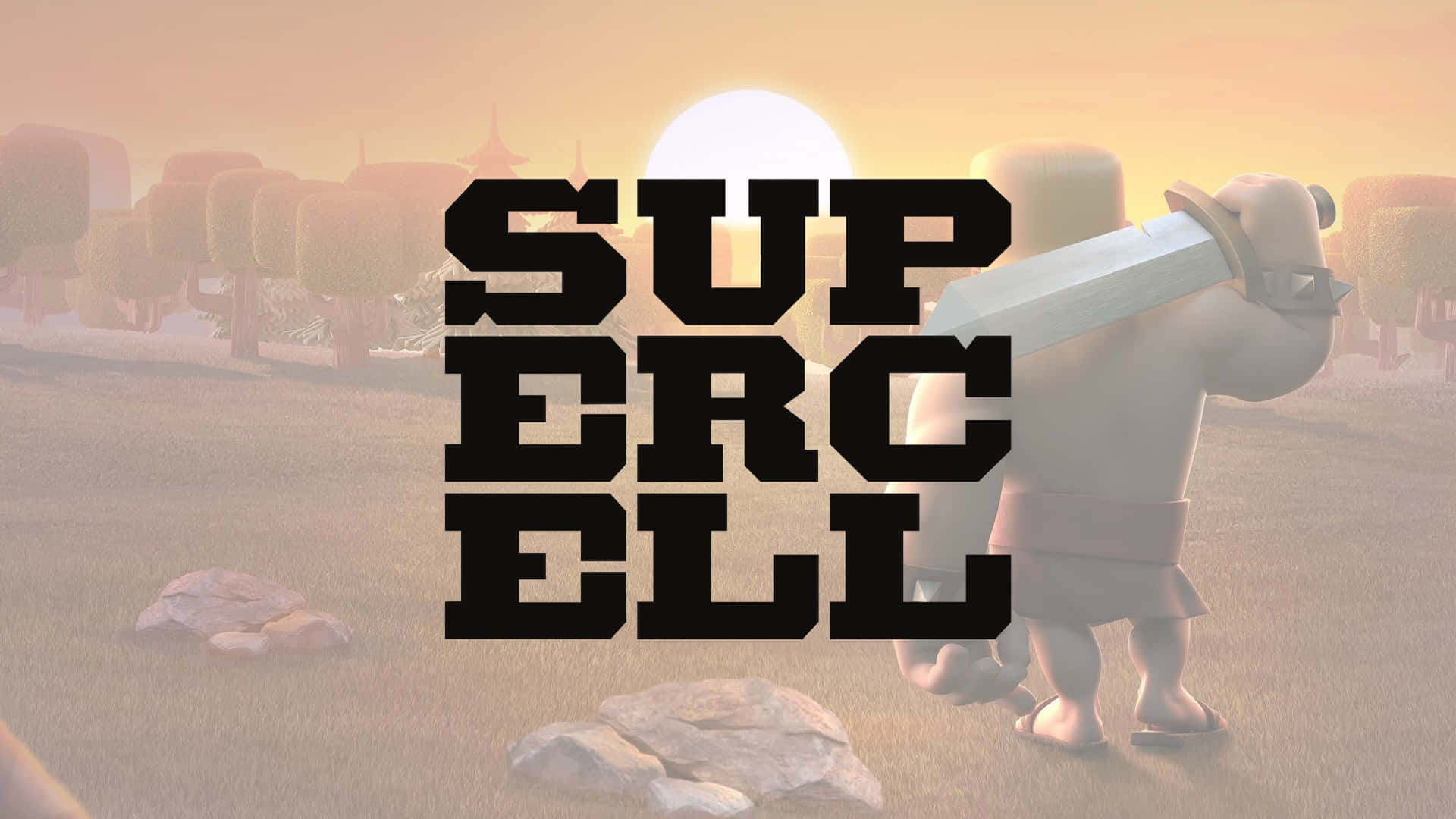  壁紙 — 一個卡通野蠻人手持劍，站在夕陽下的草地上，並疊加了Supercell標誌。