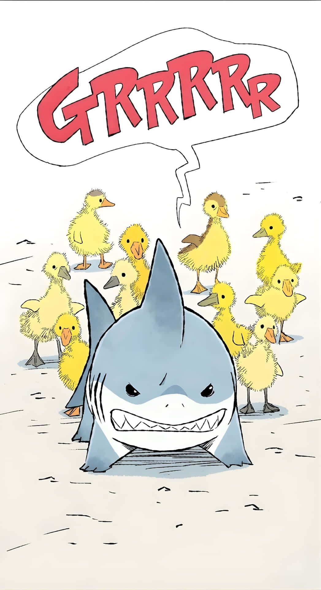  壁紙 — 一隻卡通鯊魚帶着不悅的表情和寫着「GRRRRR」的對話框，在沙灘上威脅地站在一群黃色小鴨之間。