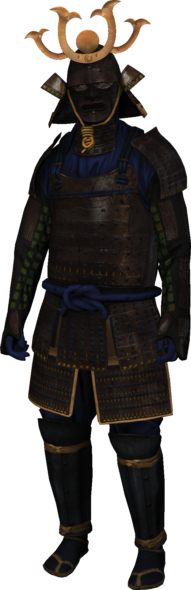 傳統武士盔甲配Kabuto頭盔 壁紙 — 一名身穿深棕色和藍色全套盔甲、帶金色裝飾的武士戰士站在黑色背景前。