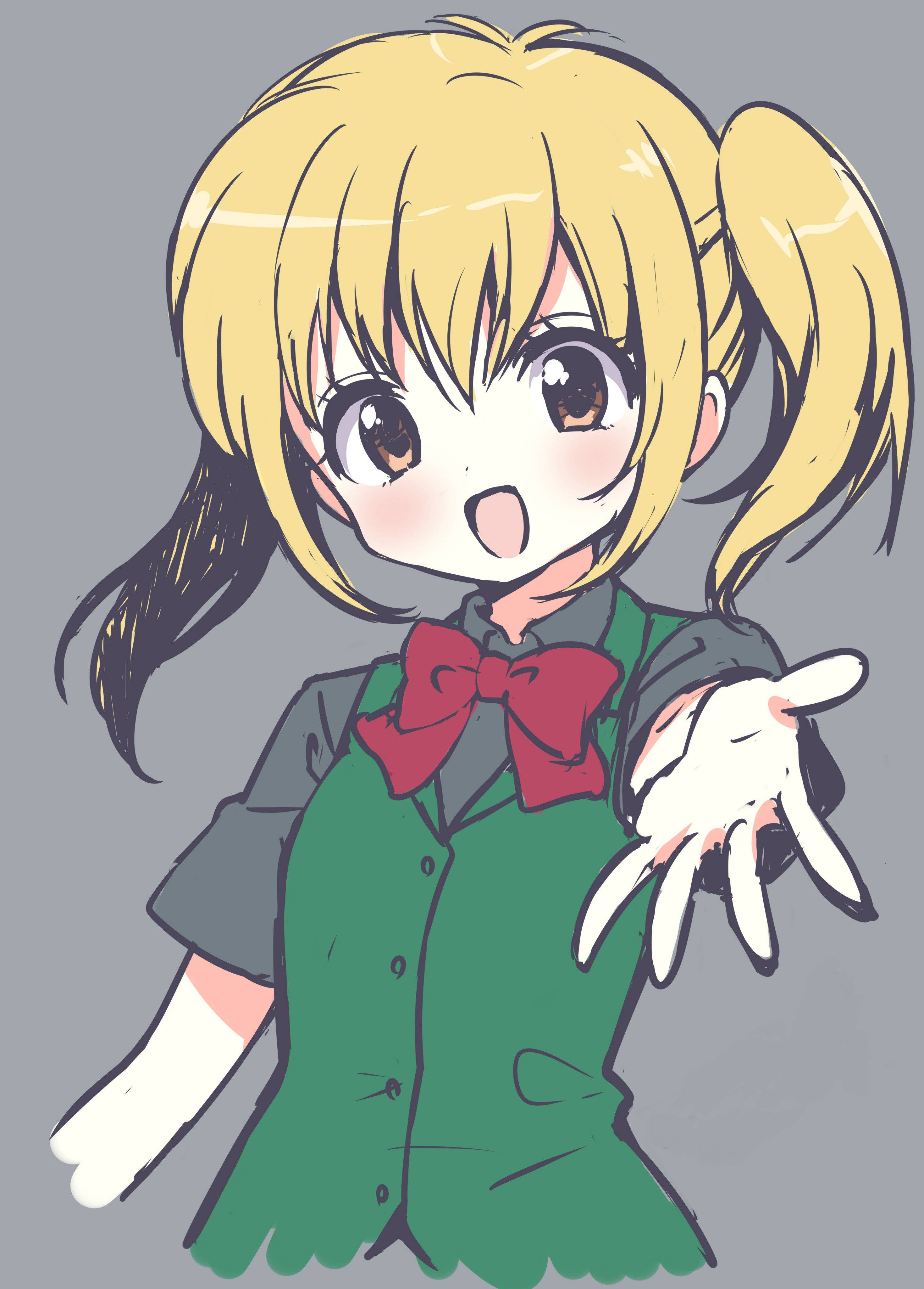 Kaede Minami Mirmo De Pon 壁紙 — 一個開心的動漫女孩，金色雙馬尾和紅色蝴蝶結，在純灰色背景上開心地揮手。