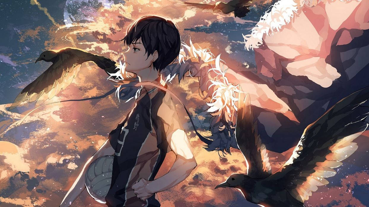 動漫男孩著排球制服攞住波，雀仔喺日落天空飛。