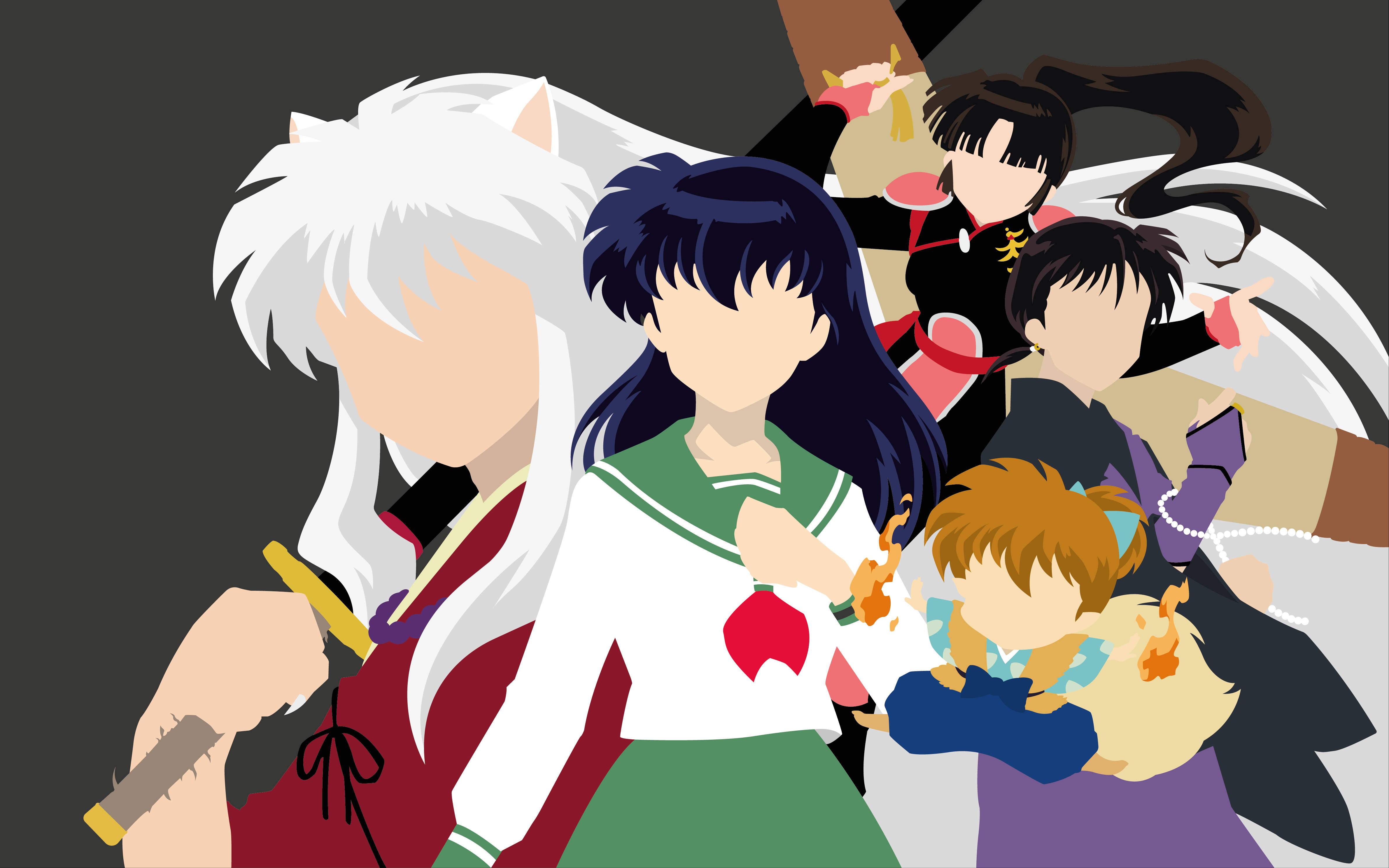 Kagome 與 犬夜叉 一行人 壁紙 — 動漫角色以動態姿勢呈現，採用風格化的平塗色彩和粗線條輪廓，背景為深色。