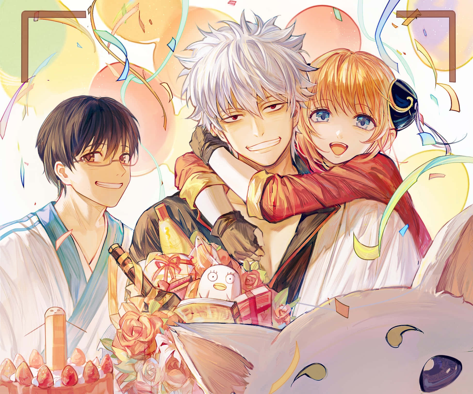 「 Kagura，展現你那純正的夜叉血脈吧！」 壁紙 — 三個動漫角色在明亮的節日場景中，用氣球、禮物和五彩紙屑歡樂地慶祝。