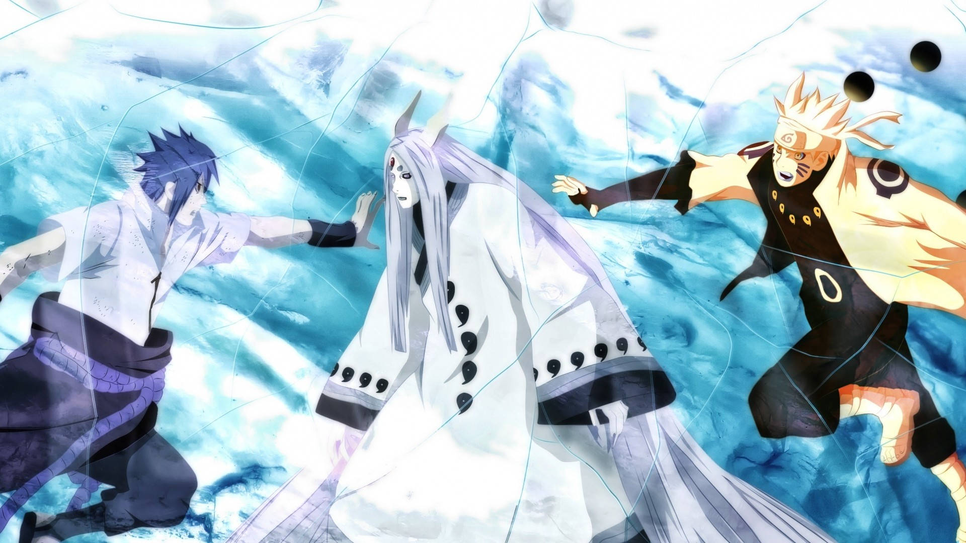 大筒木 Kaguya 與鳴人佐助 火影忍者高清壁紙 壁紙 — 三個動漫角色在旋轉的藍色能量和破碎的冰效果中進行動態戰鬥。