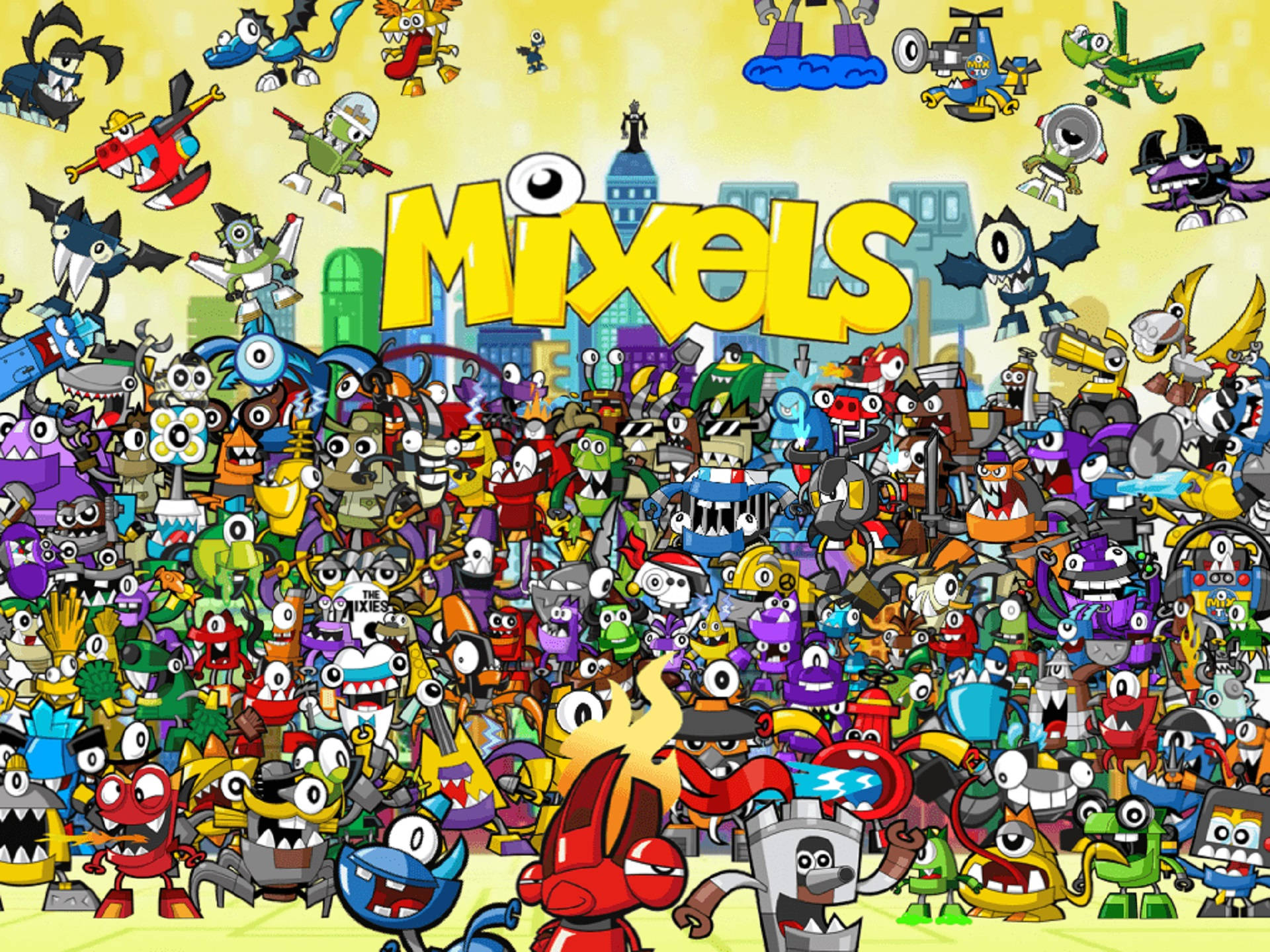 Kahoot! Mixels 卡通藝術 壁紙 — 一個充滿活力的卡通城市景觀，充滿數十個色彩繽紛的Mixels角色，擺出動態姿勢。