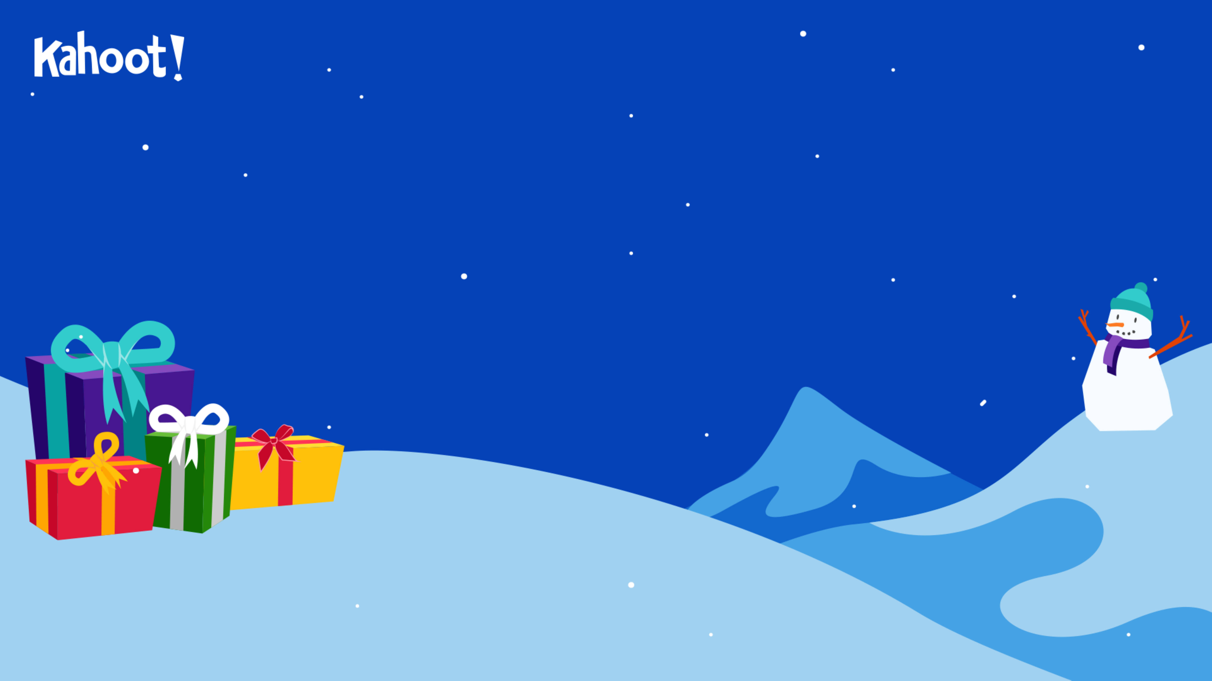 Kahoot 冬季節日禮物 壁紙 — 一個快樂的雪人在星光燦爛的冬日天空下，在色彩繽紛的禮物盒旁邊揮手。
