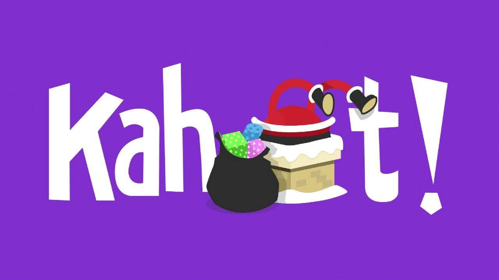 Kahoot! 圣誕 trivia 封面 壁紙 — 紫色背景上帶有卡通蛋糕和禮物袋的粗體白色「Kahoot!」文字。