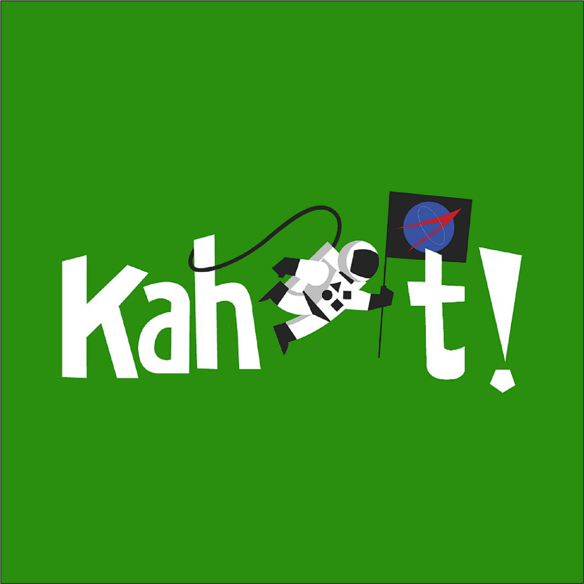 Kahoot! 太空綠標誌 壁紙 — 一個卡通太空人漂浮在「Kahoot!」字母之間，手持一面帶有藍色星球和紅色箭頭的旗幟，背景為綠色。