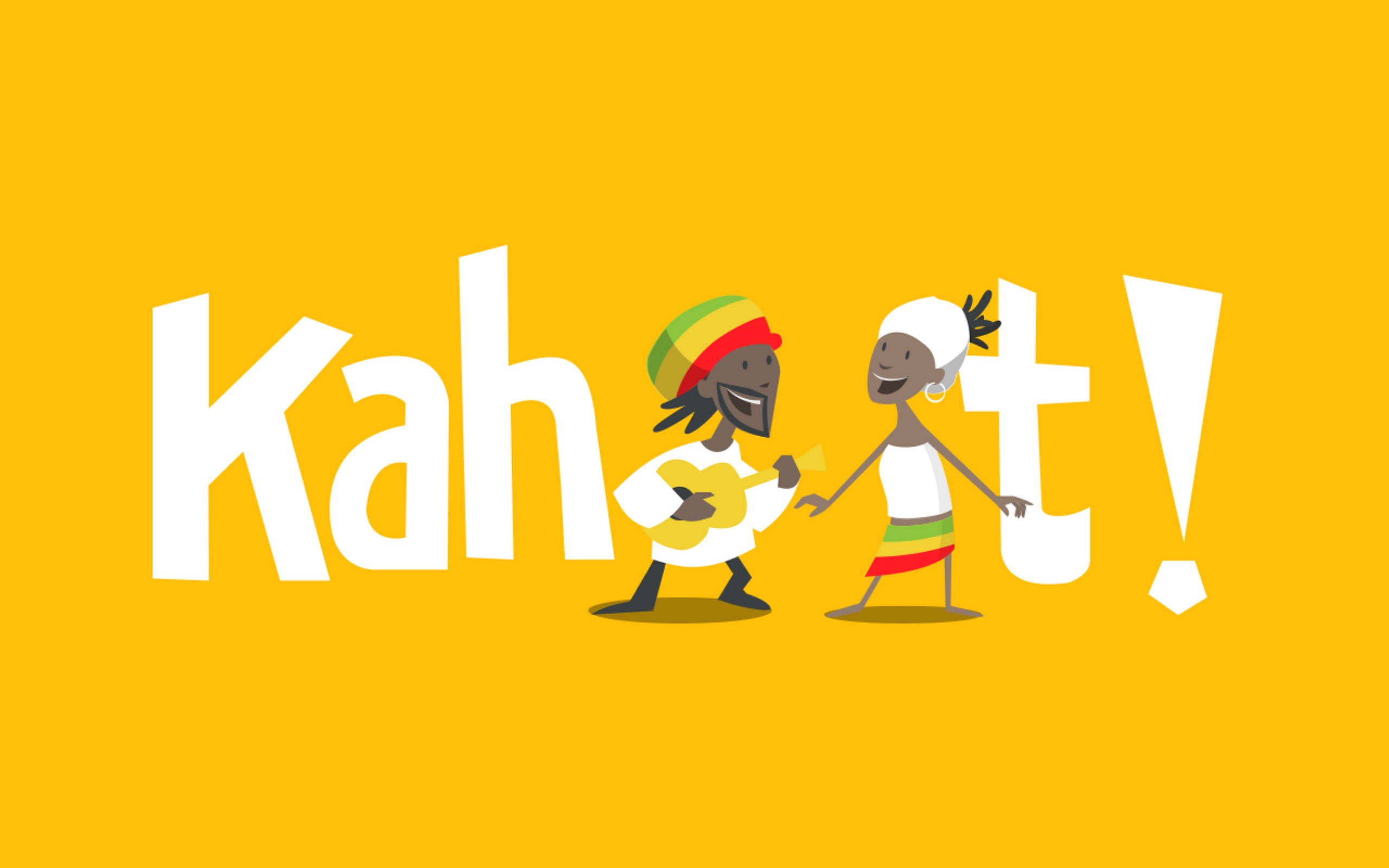 Kahoot! 馬丁·馬利 壁紙 — 兩個歡樂的卡通人物在明亮的黃色背景上跳舞和彈結他，背景上有大型白色文字。