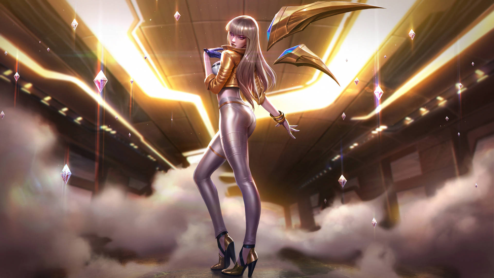 金髮動漫女性穿著未來主義金色和銀色服裝，站在發光走廊中，周圍有漂浮水晶。