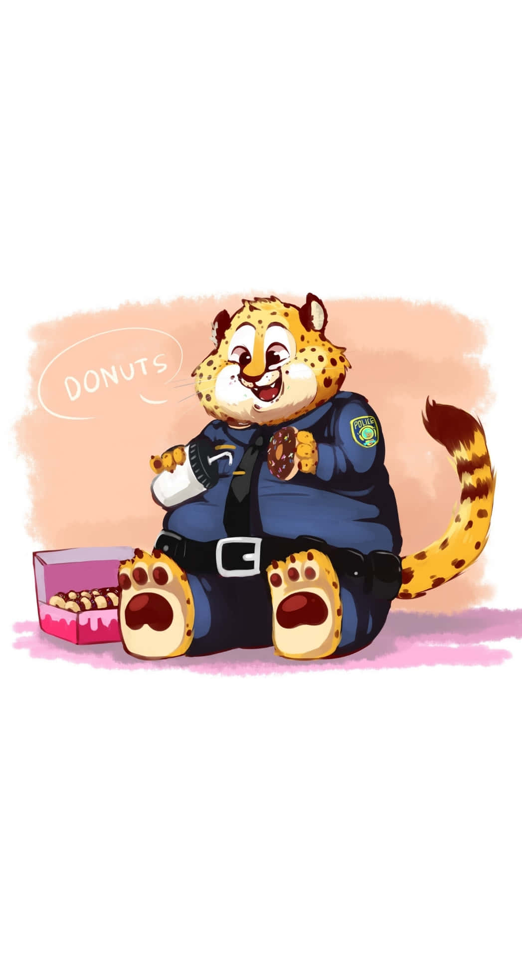  壁紙 — 一隻開心的卡通獵豹警察正在快樂地咀嚼冬甩，旁邊還有一盒更多的冬甩。