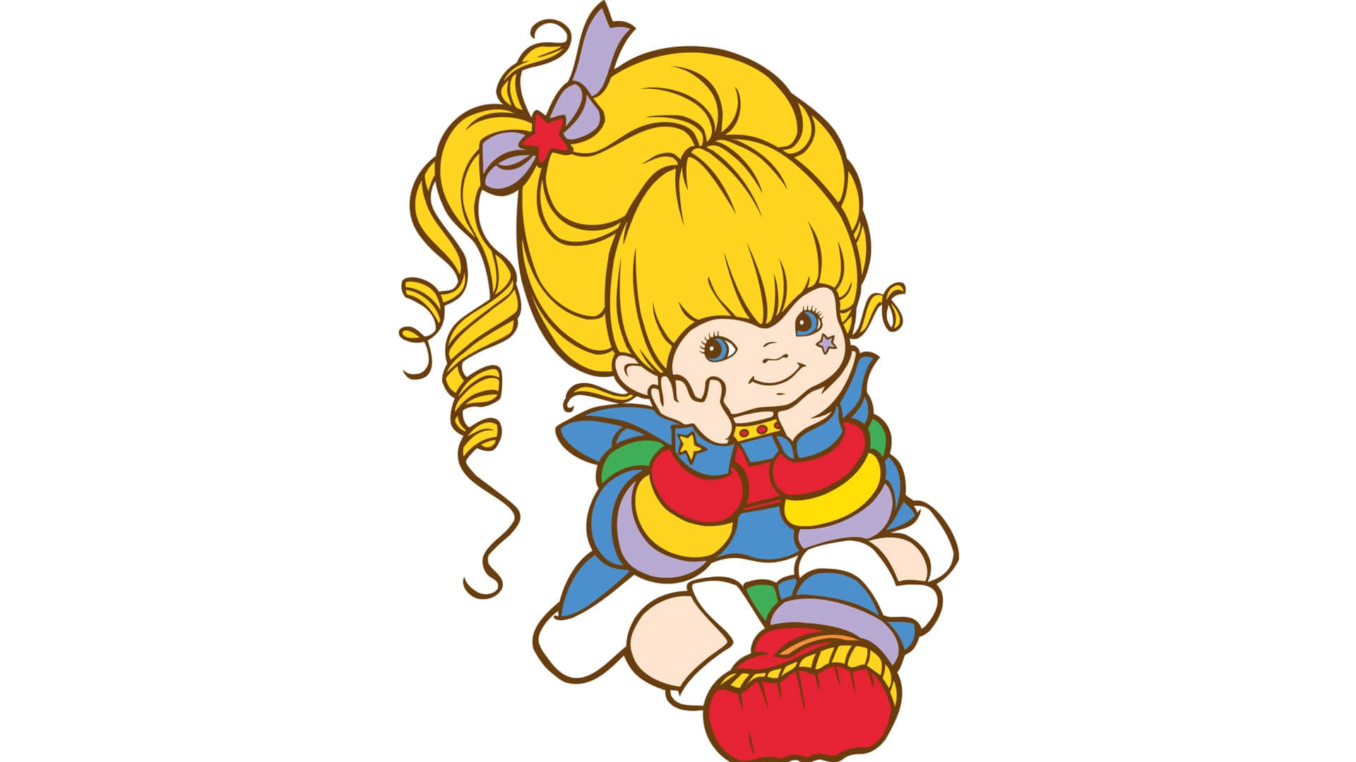  壁紙 — 一個開心的卡通女孩，金色雙馬尾，穿著彩虹條紋衣服，微笑坐著，雙手靠近臉龐。