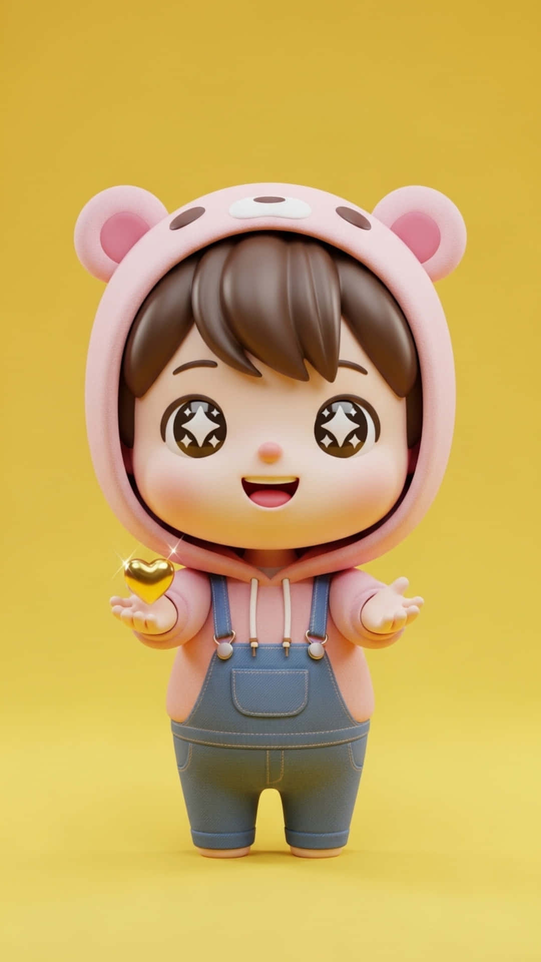Adorable Chibi-Style 3D Character Holding Small Object, Bright Background 壁紙 — 一個開心的3D渲染Q版角色，穿著粉紅色小熊連帽衫，在純黃色背景上拿著一個發光的金色心形。