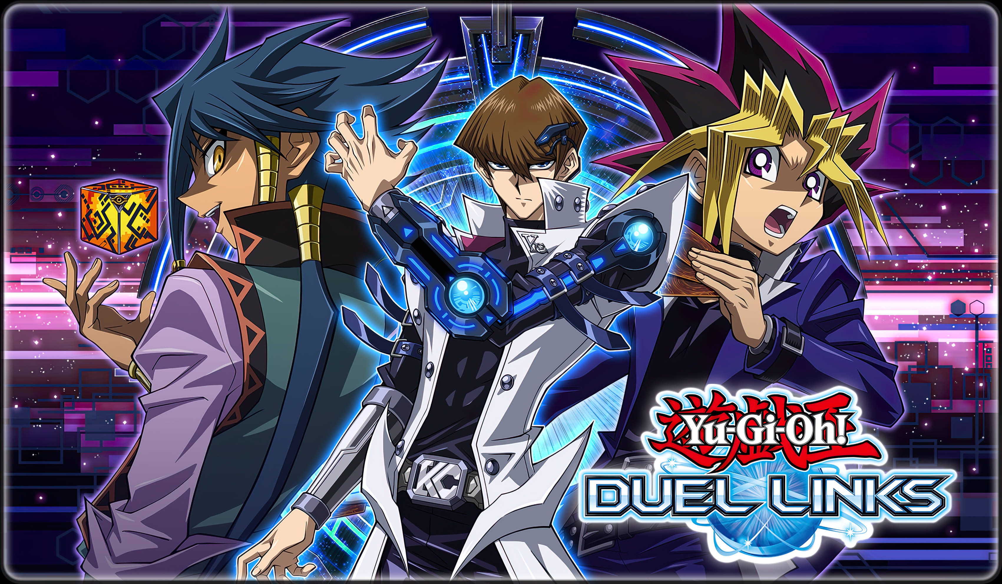 Kaiba 在遊戲王對戰連結 壁紙 — 三位身穿未來裝備的動畫決鬥者，在霓虹賽博龐克城市景觀中，以發光卡片對決。