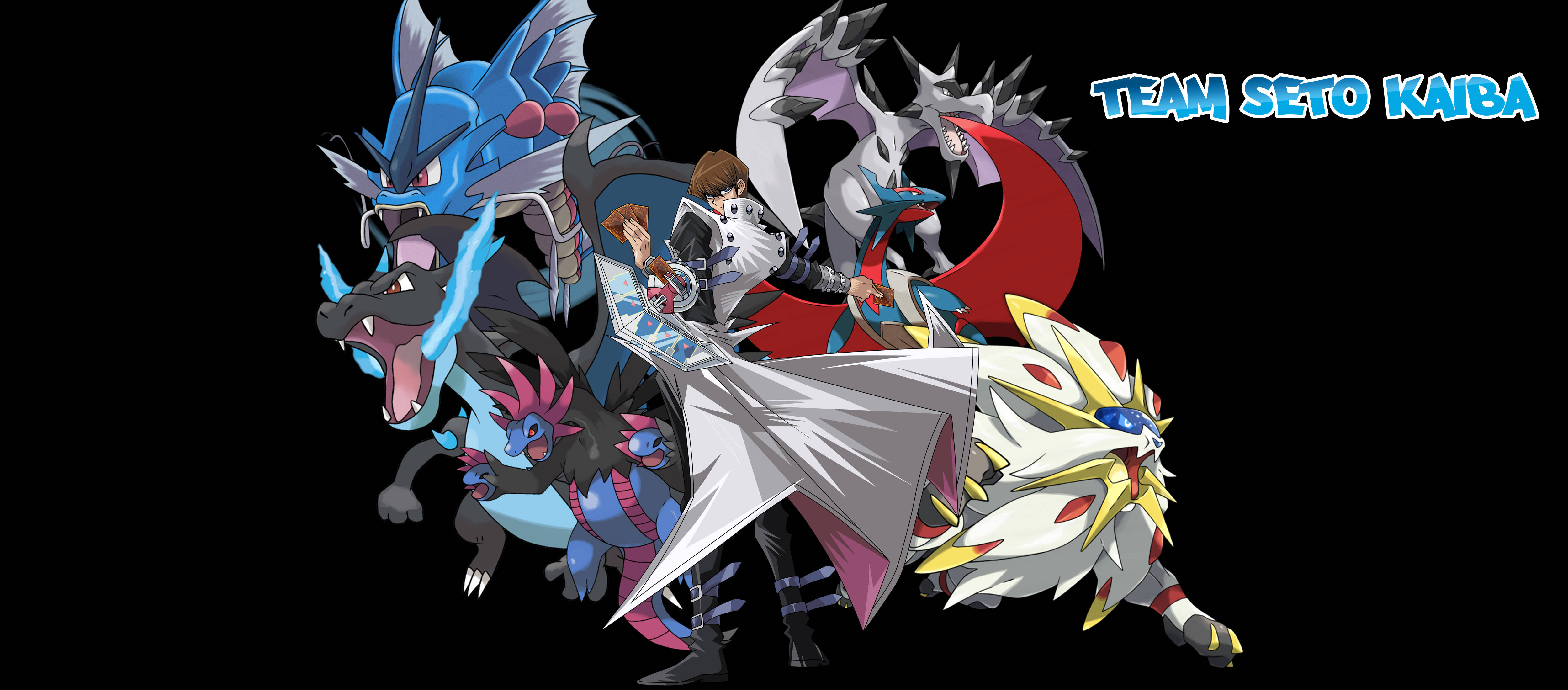 Kaiba 與寶可夢角色 壁紙 — 一個充滿動感的動漫群體，包含五隻龍系寶可夢和一個人類角色，在黑色背景上以發光藍色文字襯托下英勇地擺出姿勢。