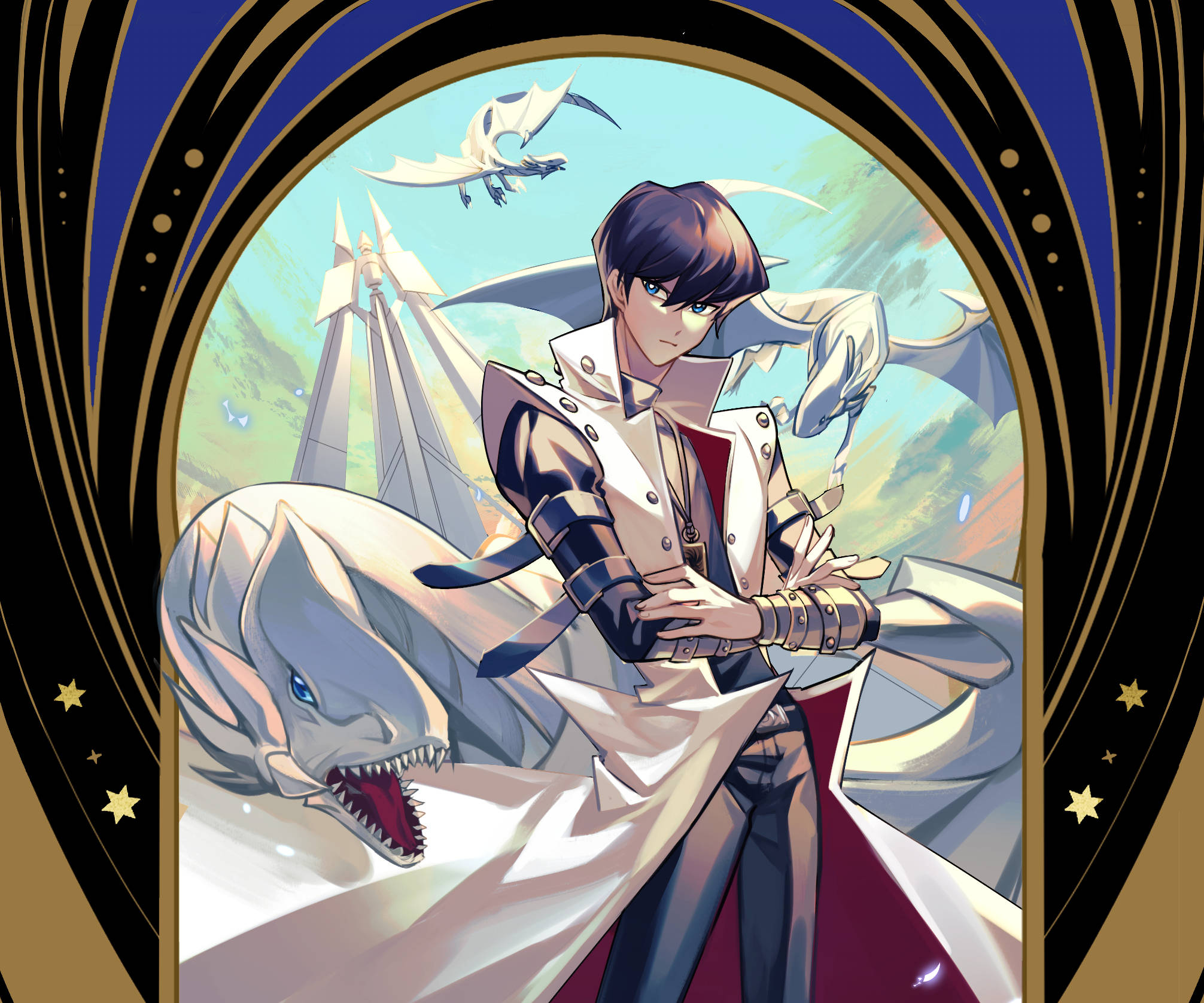 Kaiba 與飛翔白龍 壁紙 — 一個自信的動漫男孩穿著白色外套，站在一隻咆哮的白龍旁邊，上方有一條飛龍，由華麗的金色拱門框著。