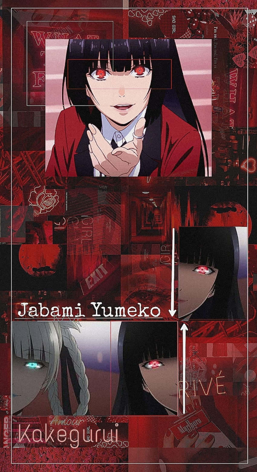 Kakegurui Yumeko 角色拼貼 壁紙 — 動漫角色蛇喰夢子，紅色發光眼睛，黑色頭髮，穿著紅色校服，背景是紅色主題圖形元素的拼貼畫。