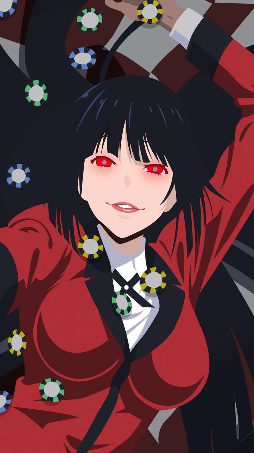 Kakegurui 動畫系列畫面 壁紙 — 一個自信的動漫女孩，紅眼睛黑頭髮，穿著紅色外套，周圍漂浮著籌碼。