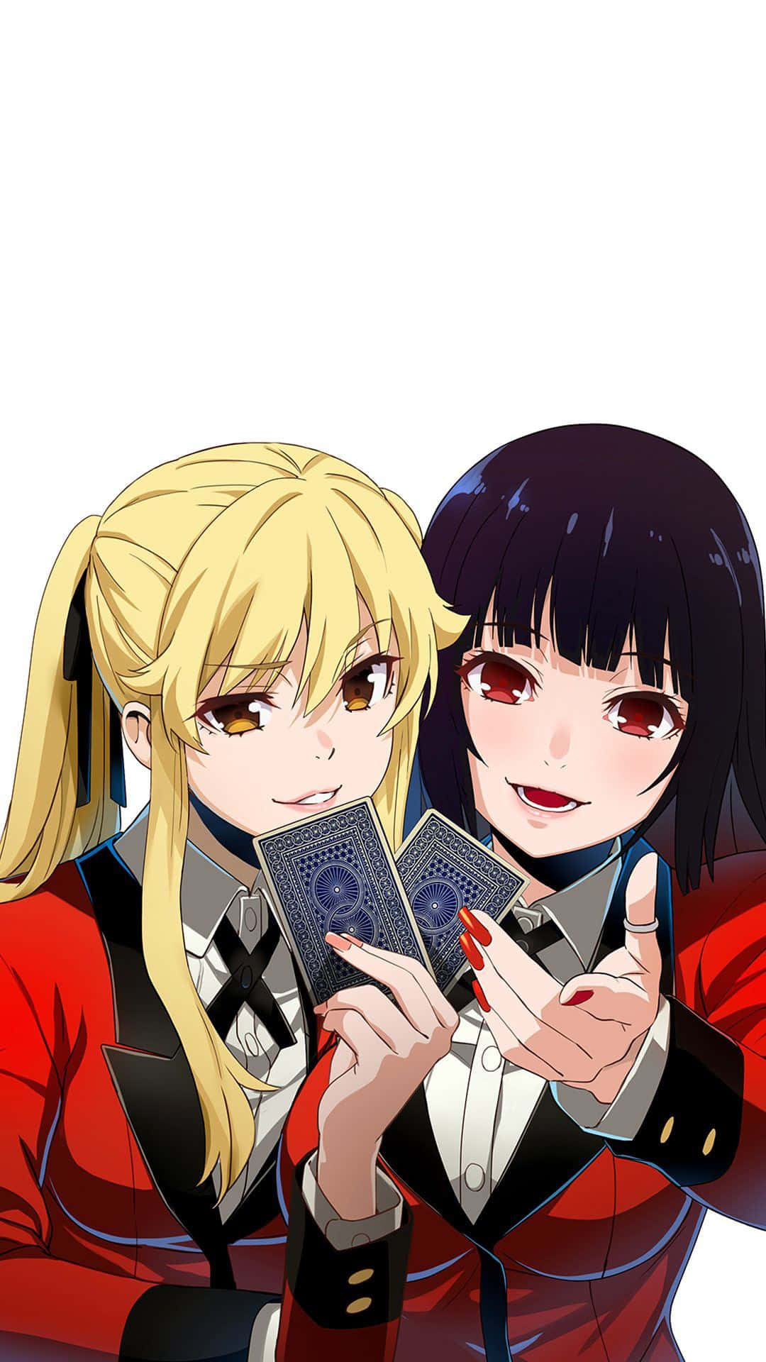 Kakegurui 友情畫面 壁紙 — 兩個穿著紅色制服嘅動畫女孩，喺純白背景前，帶住強烈表情，手持華麗嘅啤牌。