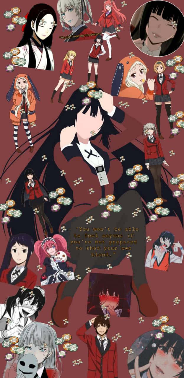 Kakegurui 壯麗畫面 壁紙 — 一張動漫角色穿著紅色制服、散落在栗色背景上的拼貼畫，其中有漂浮的硬幣和一個穿著深色外套的中心人物。