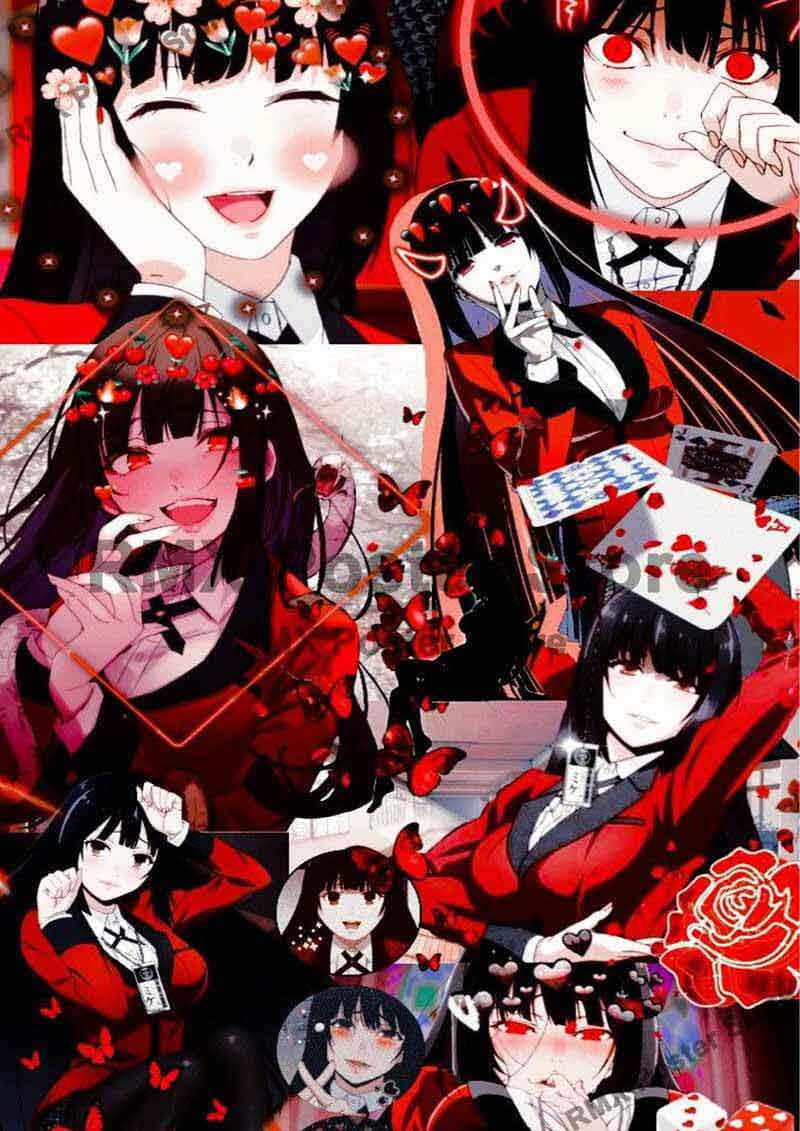 Kakegurui 美麗的由瑠子畫面 壁紙 — 一幅充滿活力的動漫拼貼畫，描繪多個身穿紅色服裝的角色，周圍環繞著心形、蝴蝶和撲克牌。