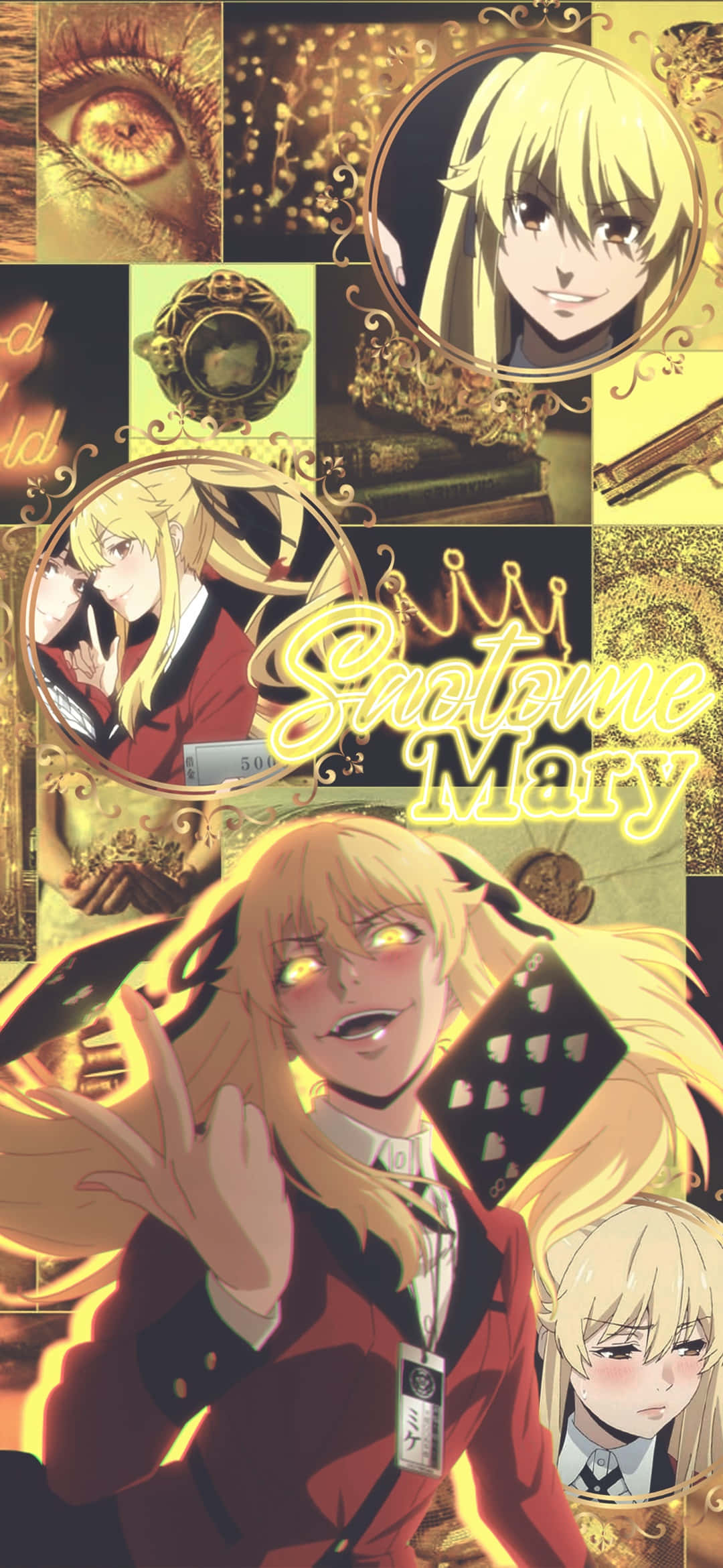 Kakegurui 薩托美瑪莉畫面 壁紙 — 金色調的動漫拼貼畫，包含多個金髮角色穿著紅色制服、眼睛發光並帶有華麗邊框的肖像。