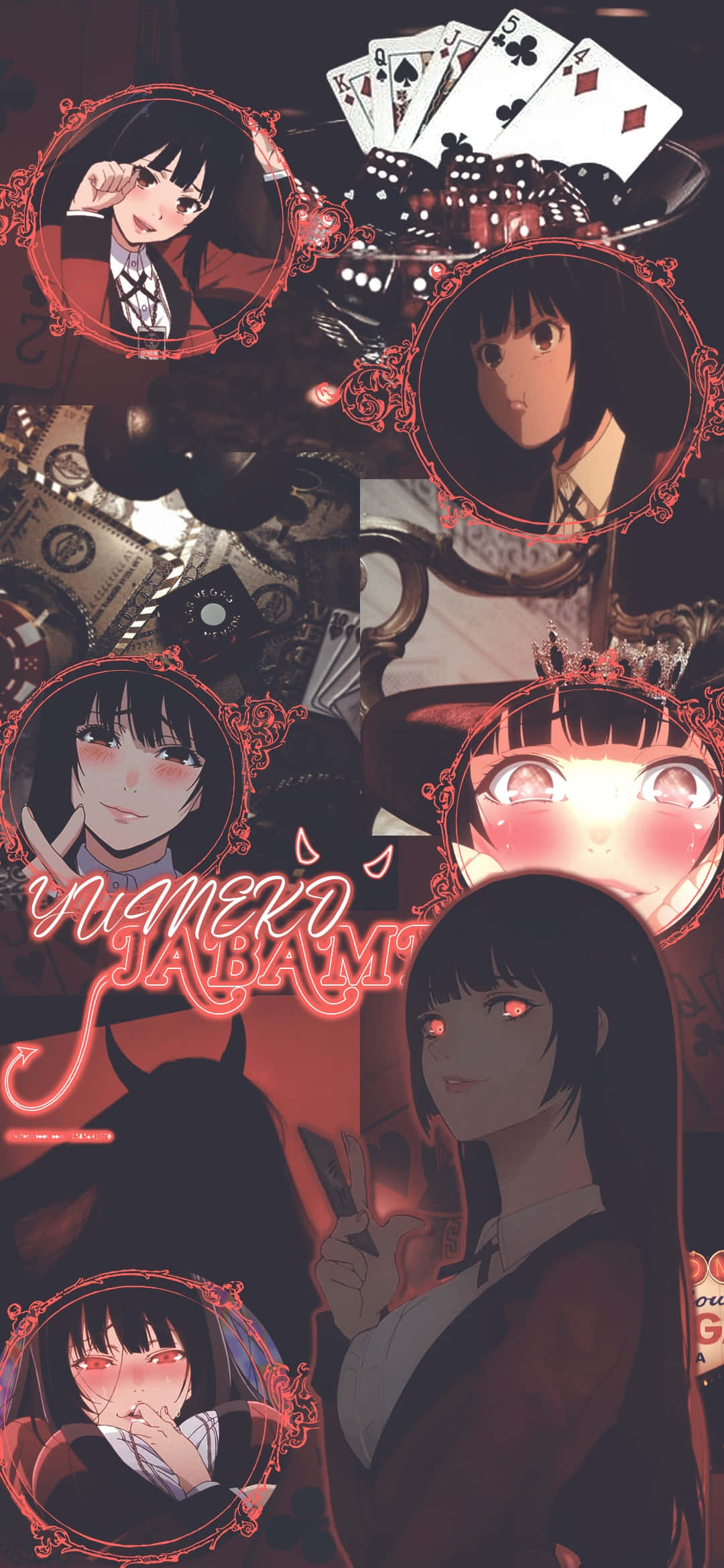 Kakegurui 角色的兇猛與震撼畫面 壁紙 — 一個黑暗動漫拼貼畫，包含多個紅眼女孩的肖像，周圍是裝飾框架中的撲克牌和骰子。