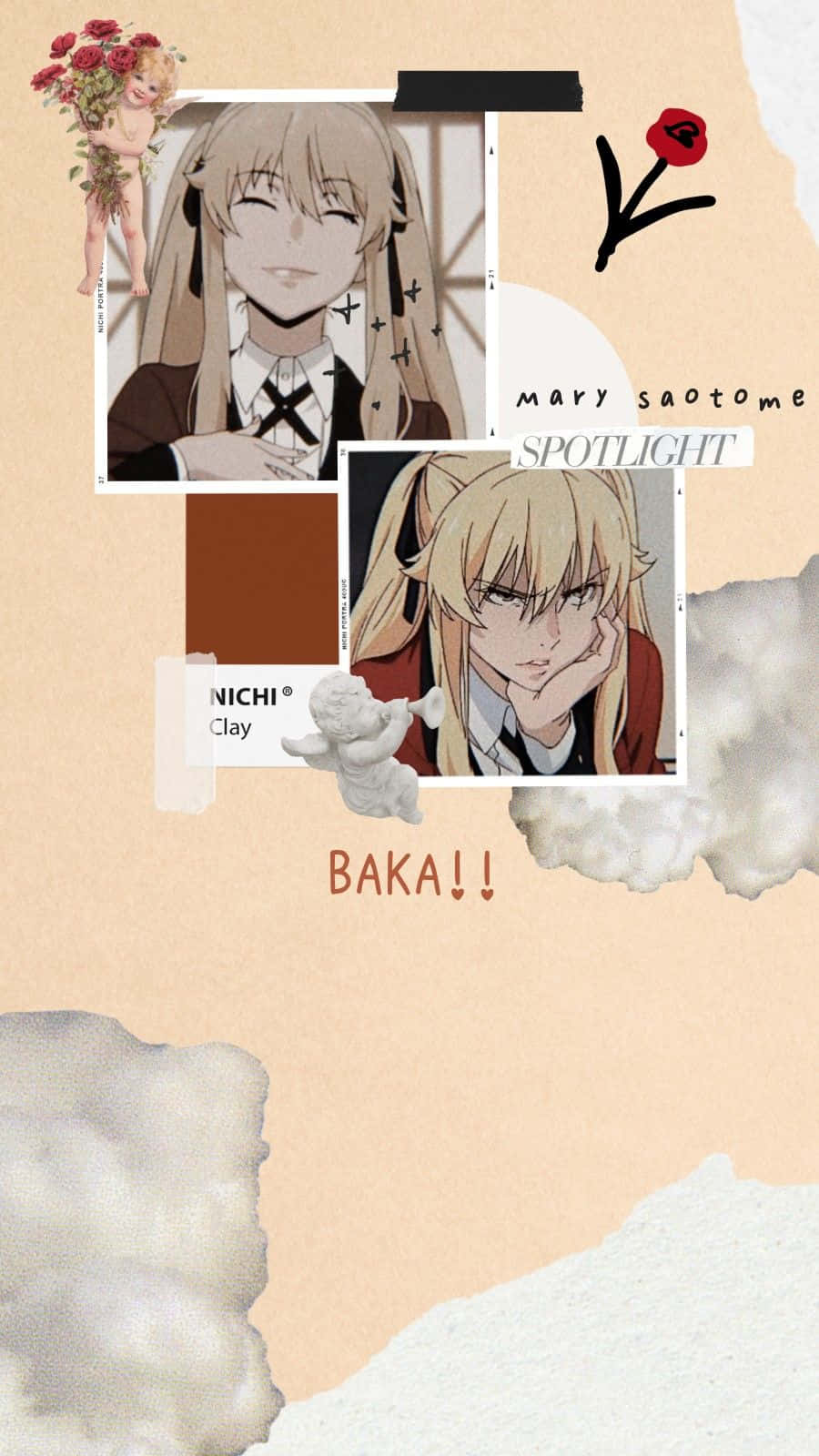Kakegurui 電影美學畫面 壁紙 — 一個動漫角色拼貼畫，帶有玫瑰和文字元素，背景為米色，帶有撕紙紋理。