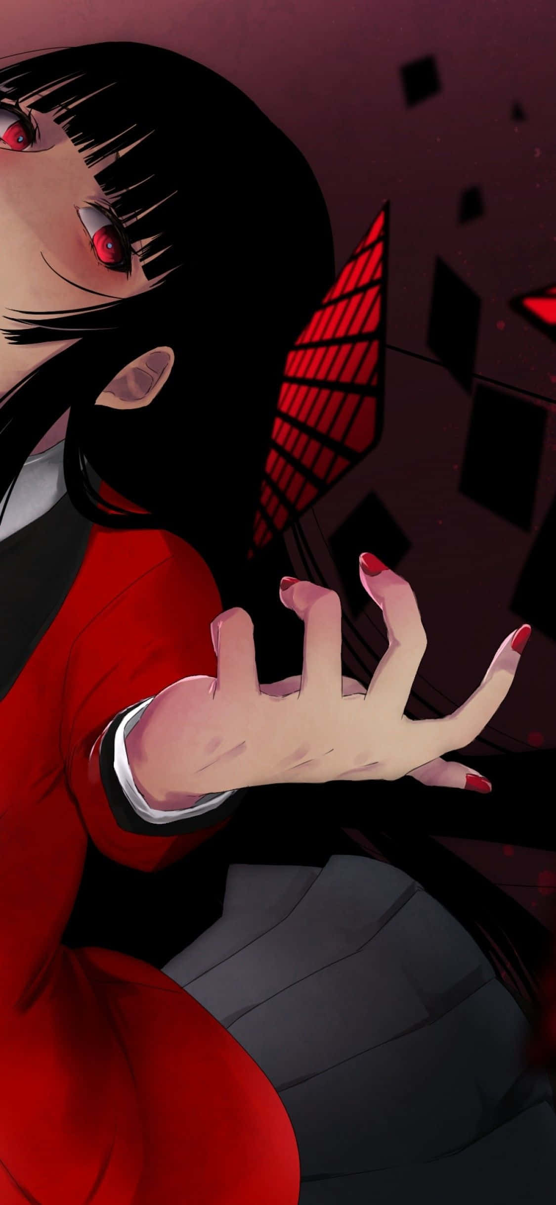 Kakegurui中的Yumeko Jabami：高風險賭局對決 壁紙 — 一個黑髮紅眼紅指甲的動漫女孩在陰暗的城市環境中伸手，窗戶發出紅光。